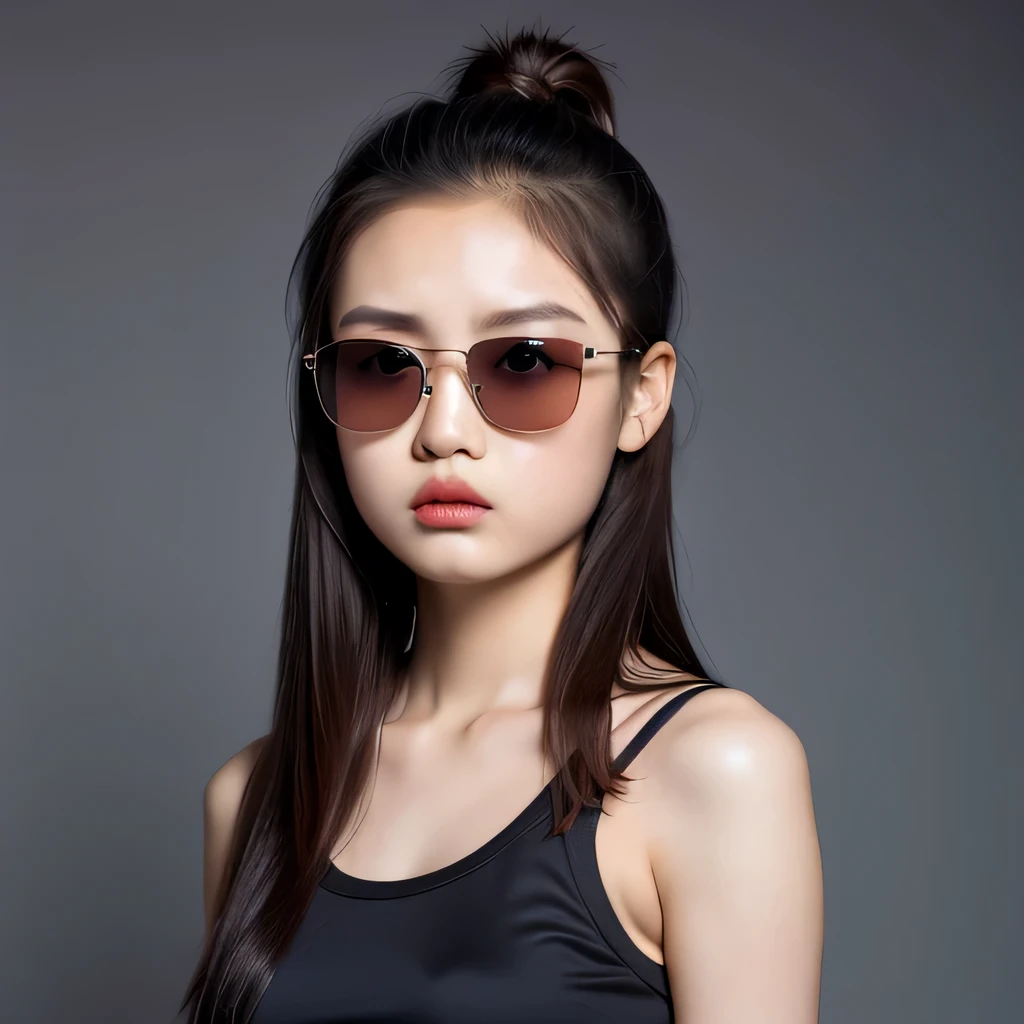 （best quality, masterpiece：1.2）, ID photo of a 13-year-old Chinese girl, sportswear, camisole，Pure cotton，gray background, Surrealism, ultra high definition, textured skin, high detail，facing the camera, 8K crocodile skeleton（（（platinum marble sunglasses）））