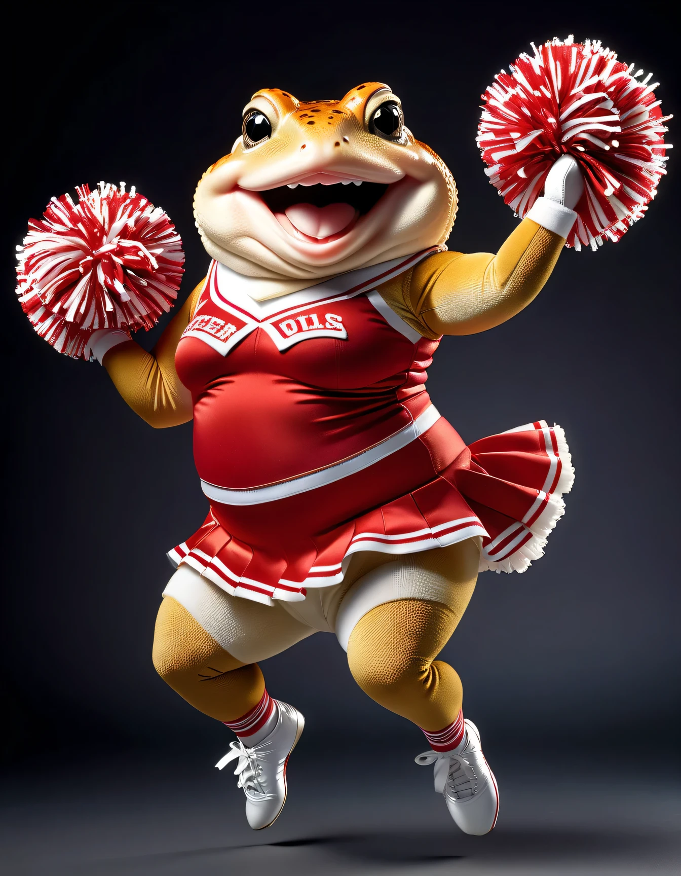 photorealistic portrait of Dressed animals - a ((fat)) toad cheerleader,(cheer dancing:2.0),(jumping:2.0),(big smile),(raising legs up:2.0), high quality,(lovely) ,intricate details, highly detailed ((cheer costume)) ,highly detailed cheer clothes, holding pom-pom in hands,(passion) , highly detailed , (happy), studio lighting,(full body image:1.5)