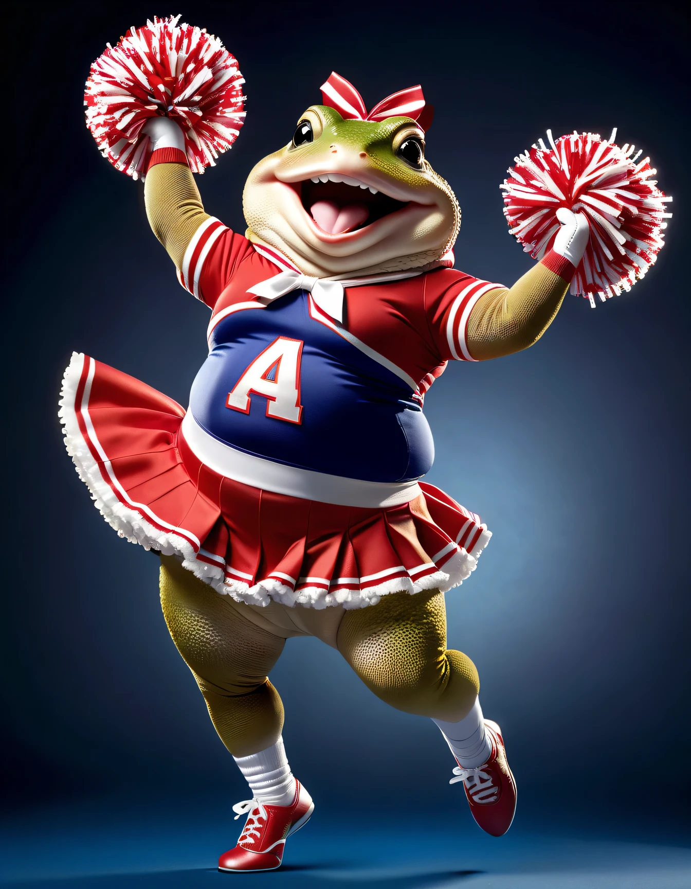 photorealistic portrait of Dressed animals - a ((fat)) toad cheerleader,(cheer dancing:2.0),(jumping:2.0),(big smile),(raising legs up:2.0), high quality,(lovely) ,intricate details, highly detailed ((cheer costume)) ,highly detailed cheer clothes, holding pom-pom in hands,(passion) , highly detailed , (happy), studio lighting,(full body image:1.5)