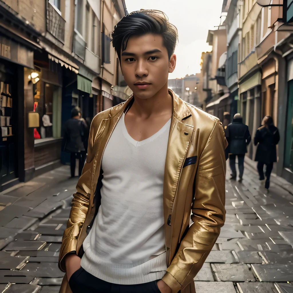 (highres,masterpiece:1.2), ultra-detailed, realistic:1.37, HDR,1boy,solo,asian young man,3 days beard,skinny,twink,normal body, in the street with french coat,painted brick walls,wet cobblestone pavement,lively city atmosphere,vibrant colors,soft golden light,cool blue tones