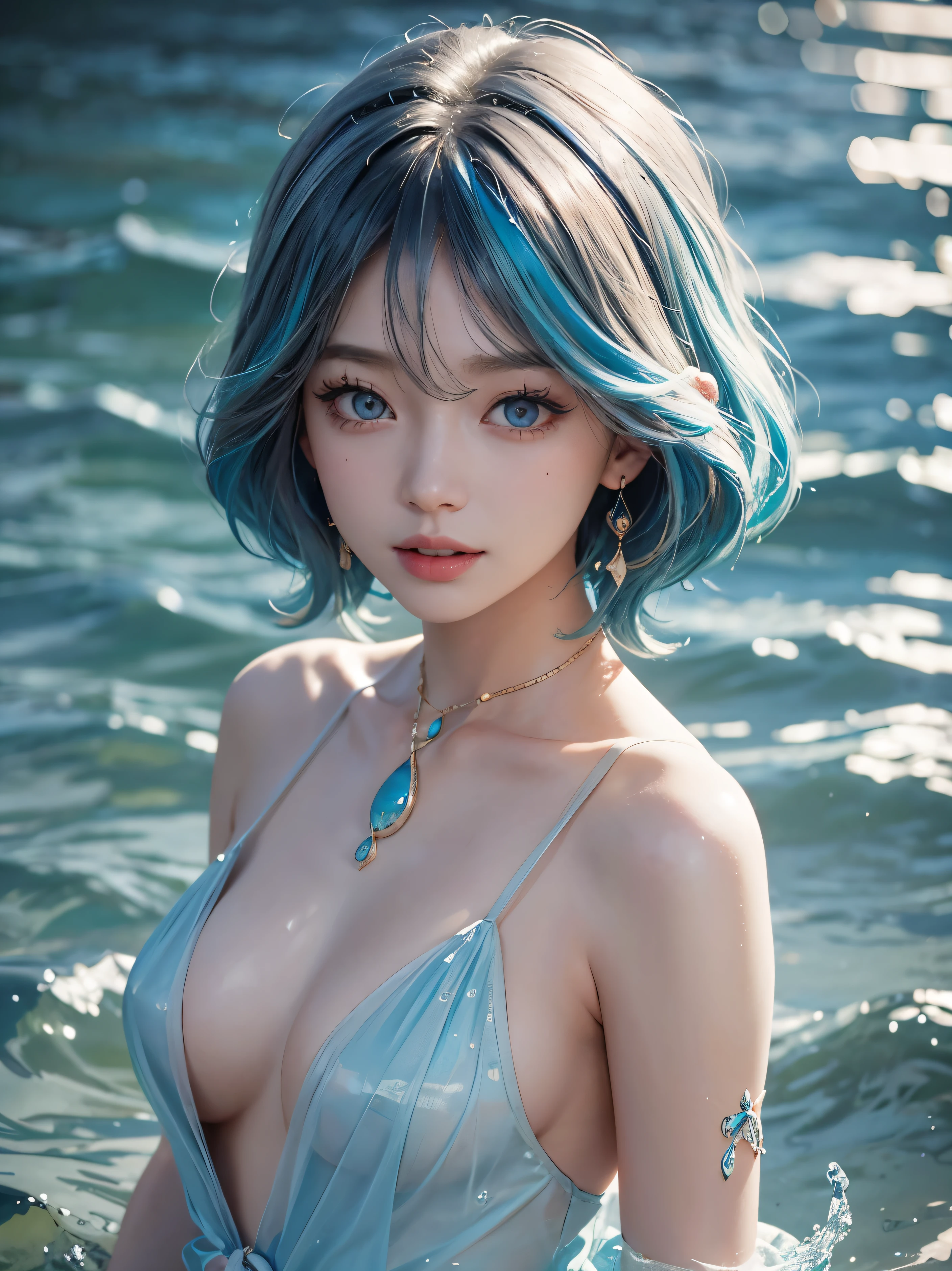 1girl、under water,solo、looking at the audience、Smile、medium long hair、open mouth、Bangs、blue eyes、bare shoulders、jewelry、Upper body、blue hair、earrings、O cabelo multicolorido、collar、virtual_youtuber、Vest、water、Off the shoulders、black dress、striped hair、tattoo、Floating hair、Headband、Beautifully detailed seabed、beautiful water、泼water、Covered with water beads、Sunlight、Ray tracing、masterpiece、facing the camera