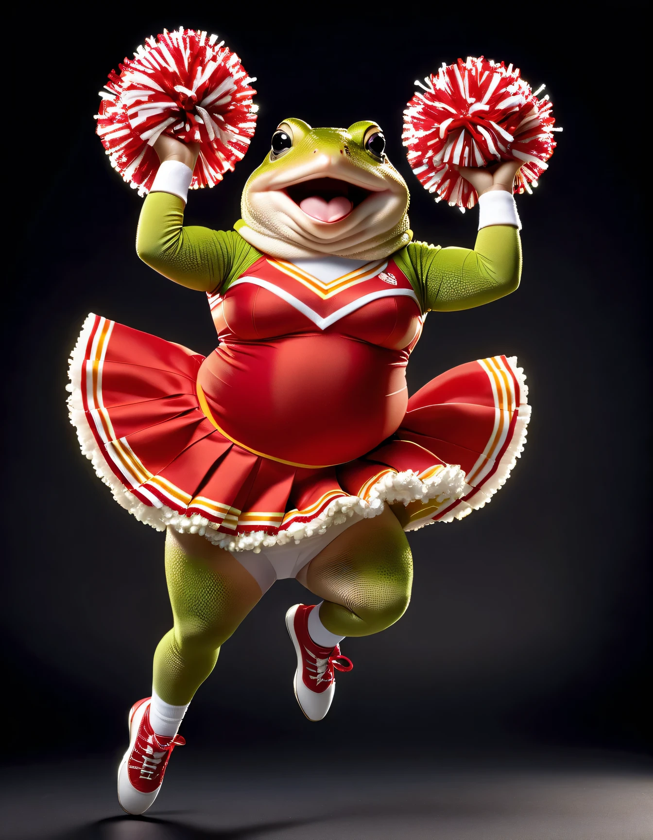 photorealistic portrait of Dressed animals - a ((fat)) toad cheerleader,(cheer dancing:2.0),(jumping:2.0),(big smile), high quality,(lovely) ,intricate details, highly detailed ((cheer costume)) ,highly detailed cheer clothes, holding pom-pom in hands,(passion) , highly detailed , (happy), studio lighting,(full body image:1.5)