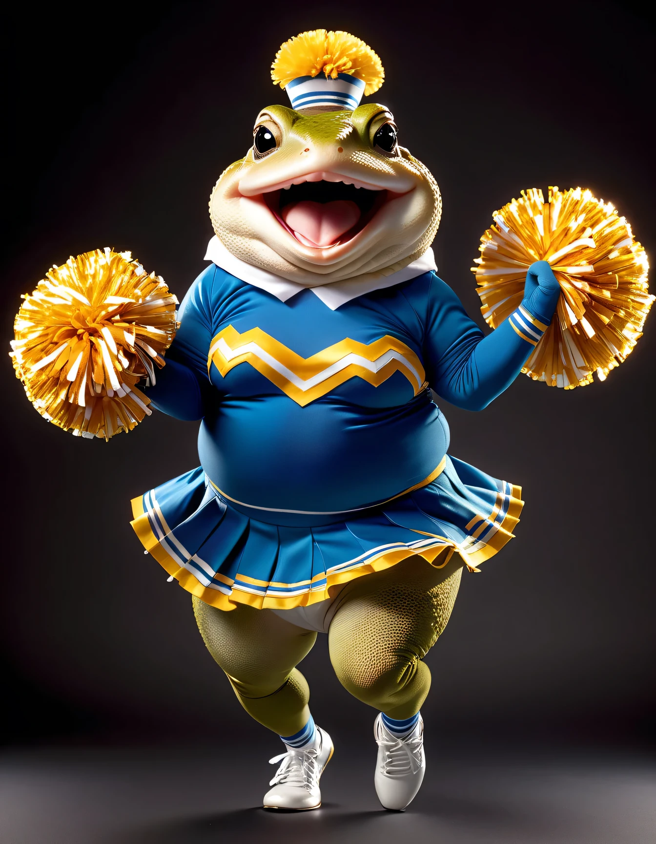 photorealistic portrait of Dressed animals - a ((fat)) toad cheerleader,(cheer dancing:2.0),(jumping:2.0),(big smile), high quality,(lovely) ,intricate details, highly detailed ((cheer costume)) ,highly detailed cheer clothes, holding pom-pom in hands,(passion) , highly detailed , (happy), studio lighting,(full body image:1.5)