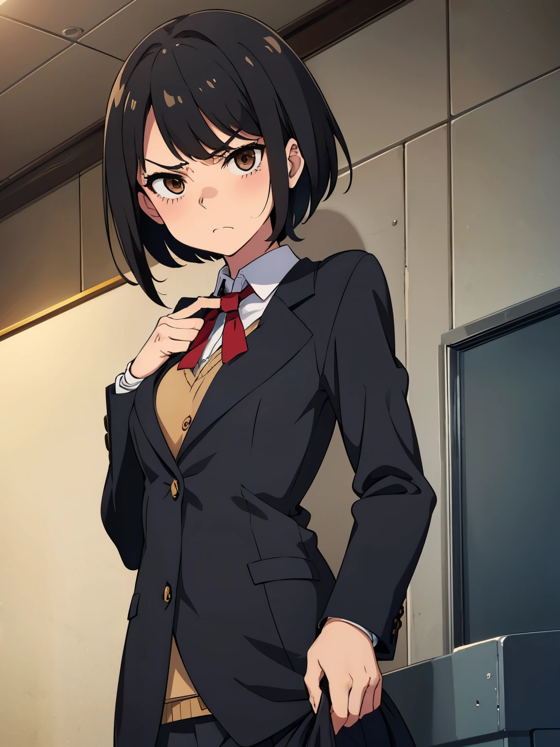 tomboy, skinny, anorexic, pixie cut, black hair, light brown eyes, cute, in the class, angry face, blushing, shoolgirl suit