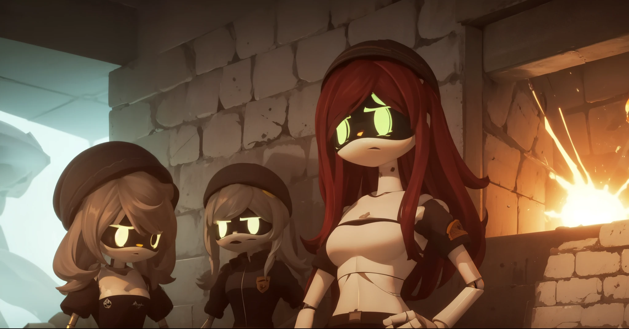 1 gilr, (8k uhd, masterpiece, best quality, high quality, ) upper body, hands behind back, one murder drone, Doll, android, midriff, bare shoulders, long red hair, green eyes, doll joints, bright green eyes, glowing eyes, , standing looking at the viewer with a sad, standing, sad, hunched over, hollow eyes, bunker, bunker style, frozen, something behind her is exploding,