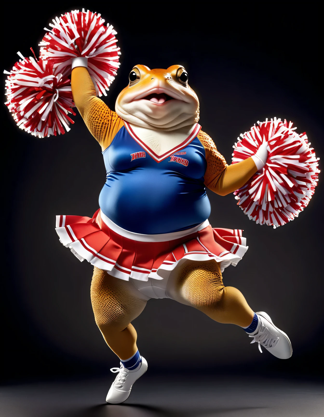 photorealistic portrait of Dressed animals - a ((fat)) toad cheerleader,(cheer dancing:2.0),(jumping:2.0), high quality,(lovely) ,intricate details, highly detailed ((cheer costume)) ,highly detailed cheer clothes, holding pom-pom in hands,(passion) , highly detailed , (happy), studio lighting,(full body image:1.5)