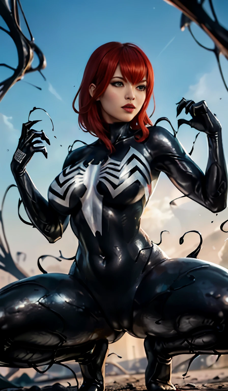 4K,realisticlying,Glamorous,The very detailed,There a girl in Dingcheng,Red hair,Wearing a black Spider-Man costume,(Black and white:1.4) the night,symbiote,venomize,a large amount of mucus,she a spiderman,Black superhero theme,In front of the sky,Flushed complexion,( Open legs, camel-toe,, Vulvar shape:1.3),(GGCameltoe:1.3)Legs apart,25 age old,full bodyesbian