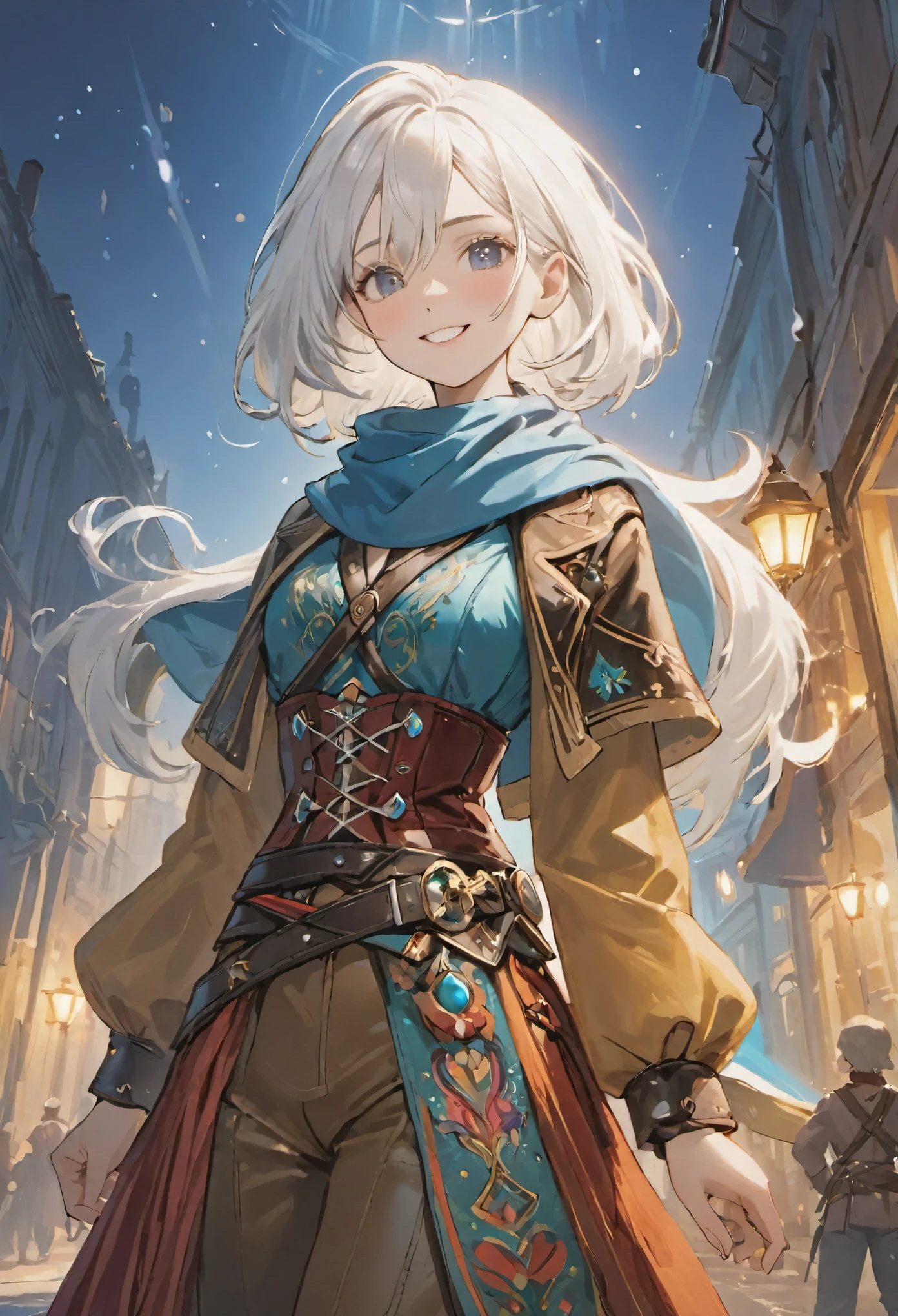 ((medium white hair)), sparkling pure white hair, smile, female adventurer, game art style, (masterpiece), (colorful clothing 1:2), scarves, leather belts, half skirt over pants and boots, flowing blouse and leather corset, best quality, highres, 4k, 8k, Detailed Illustration, intricate detail, cinematic lighting, amazing quality, 1girl, fit female, amazing shading, soft lighting, facing camera, perfect eyes