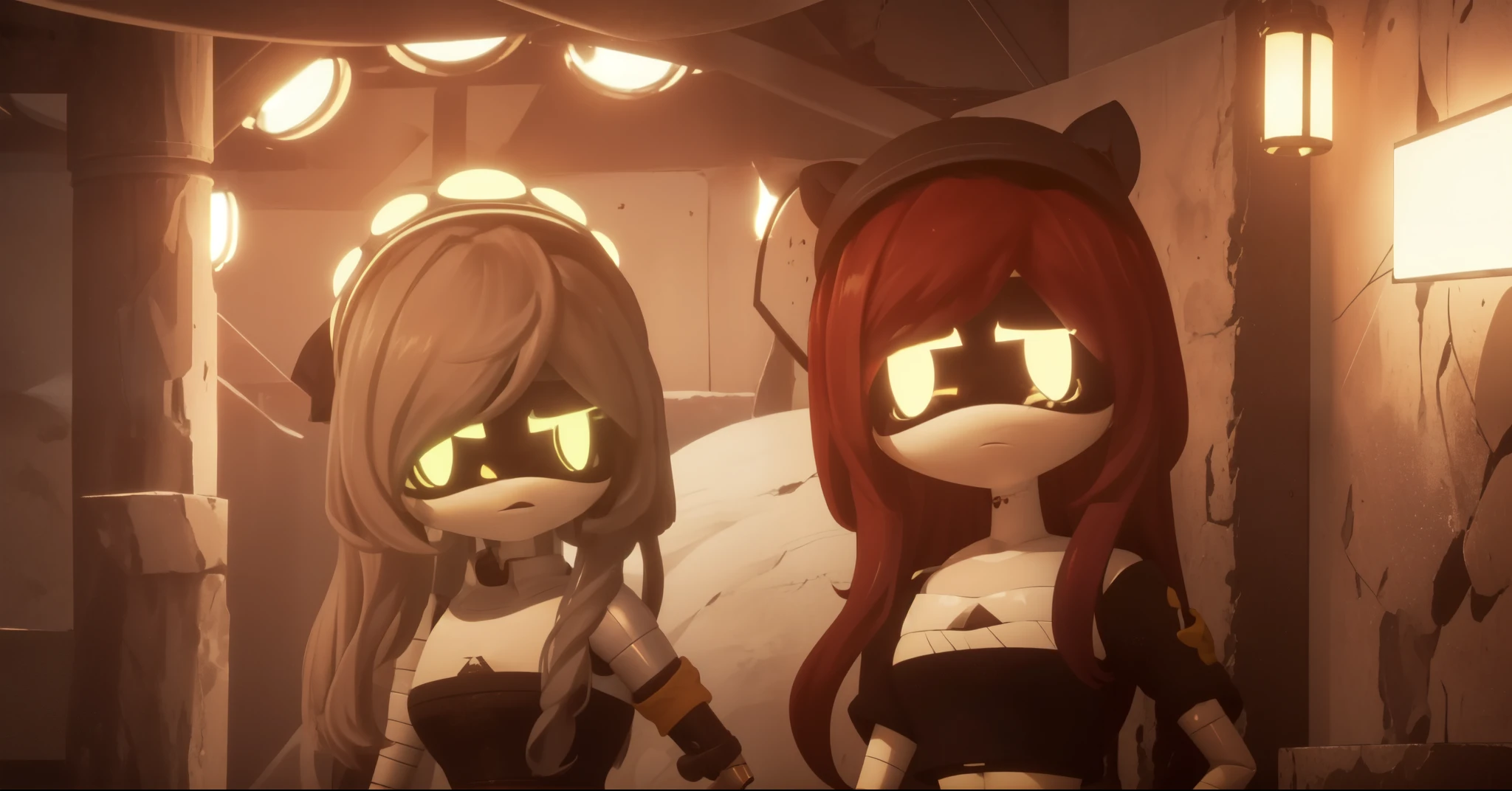 1 gilr, (8k uhd, masterpiece, best quality, high quality, ) upper body, hands behind back, one murder drone, Doll, android, midriff, bare shoulders, long red hair, green eyes, doll joints, bright green eyes, glowing eyes, , standing looking at the viewer with a sad, standing, sad, hunched over, hollow eyes, bunker, bunker style, frozen, something behind her is exploding,