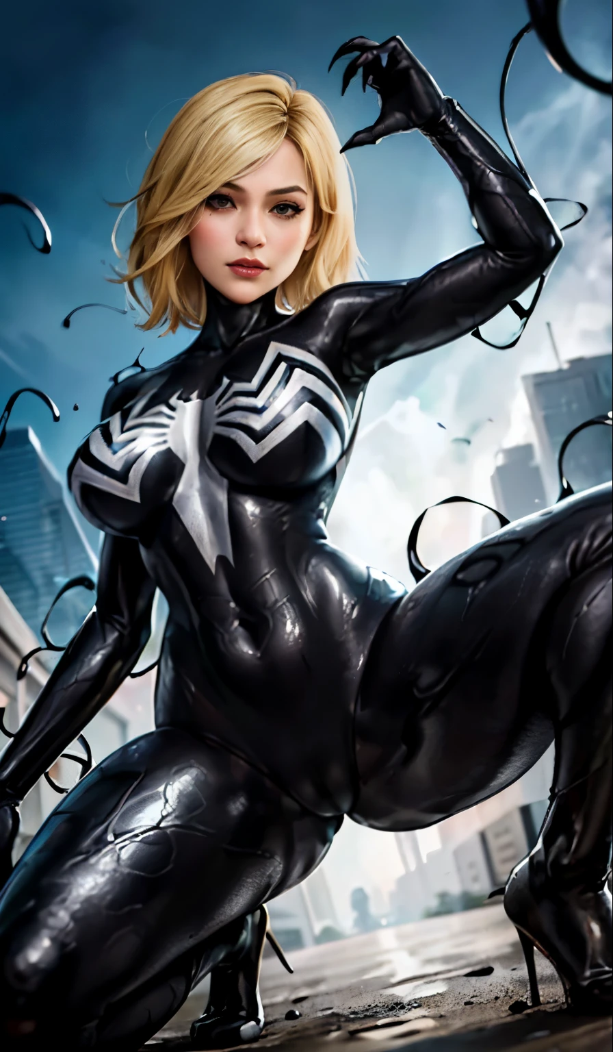 4K,realisticlying,Glamorous,The very detailed,There a girl in Dingcheng,Blonde hair,Wearing a black Spider-Man costume,(Black and white:1.4) the night,symbiote,venomize,a large amount of mucus,she a spiderman,Black superhero theme,In front of the sky,Flushed complexion,( Open legs, camel-toe,, Vulvar shape:1.3),(GGCameltoe:1.3)Legs apart,25 age old,full bodyesbian