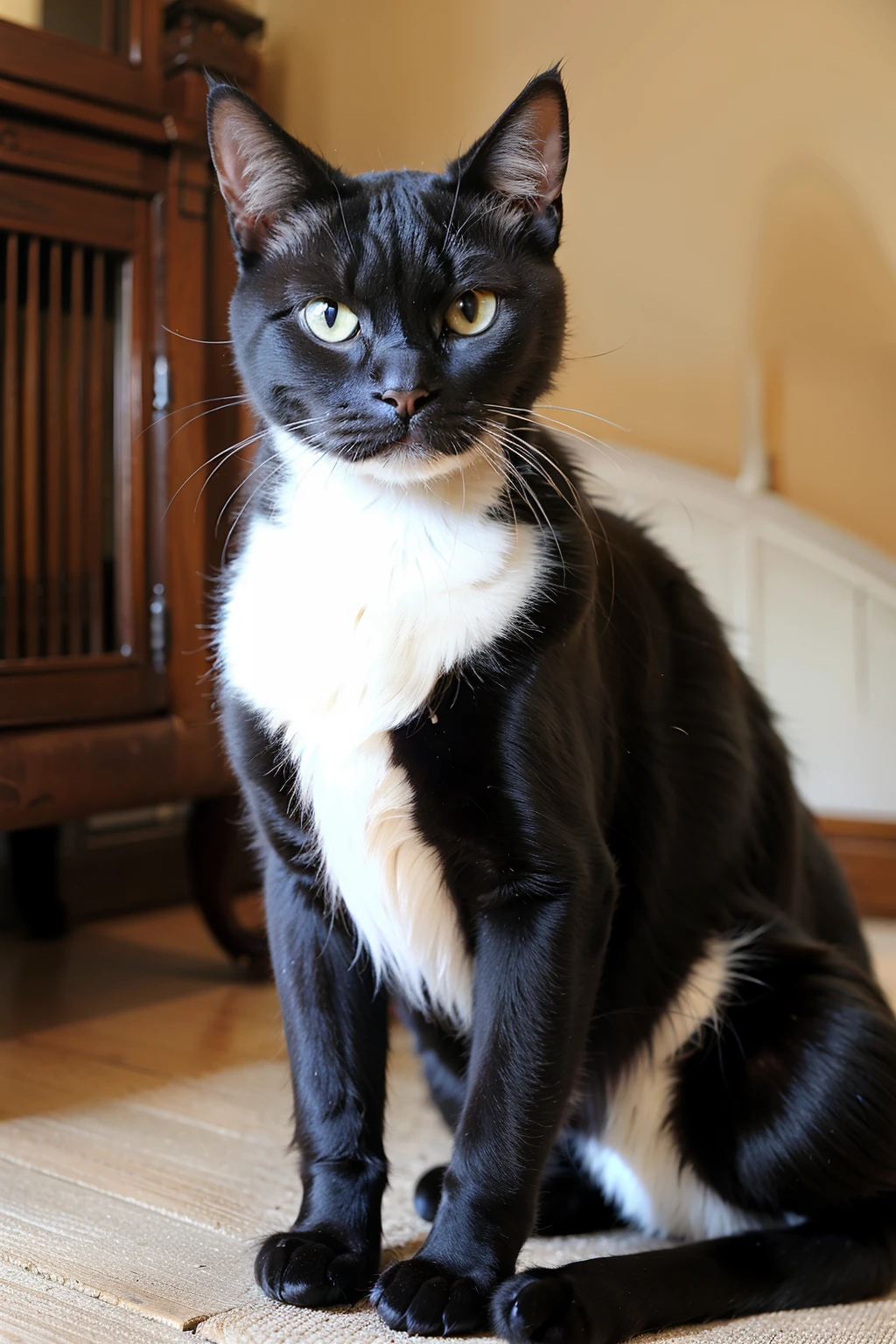 Photograph，A black cat，fat，Eye，sitting
