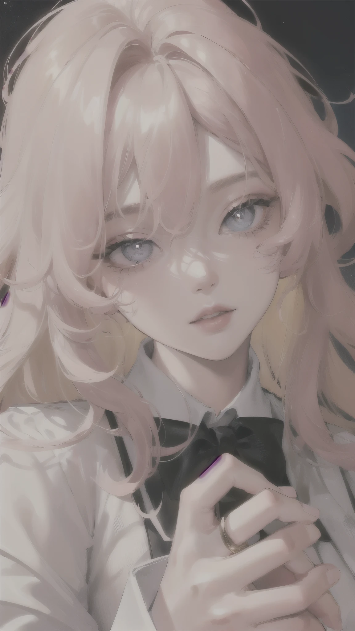 masterpiece, Best quality, night, full moon, 1 girl, mature woman, blonde hair, long and wavy hair, Light pink lips, tranquility, Intellectual, medium hair, blue pupils, hairpin, Beautiful face, face close up, Hand close-up, business suit, White shirt, black dress pants