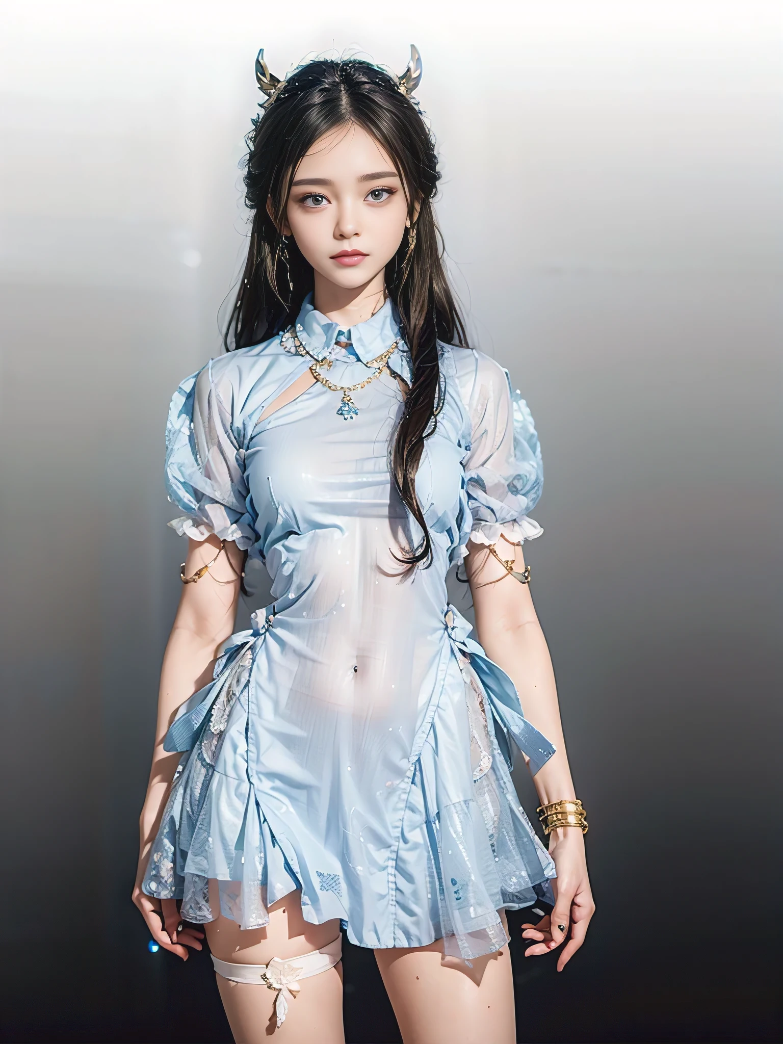 Unparalleled beauty, Lustrous firmness and shiny skin, Bangs between the eyes, Glossy straight beautiful pale blonde, Super Long Straight Silky Hair, eye line, Sexy beautiful innocent 14 years old, High definition big beautiful bright pale blue eyes, Beautiful and nice girl, Baby face, Short sleeve shirt、Glossy face、Small face beauty