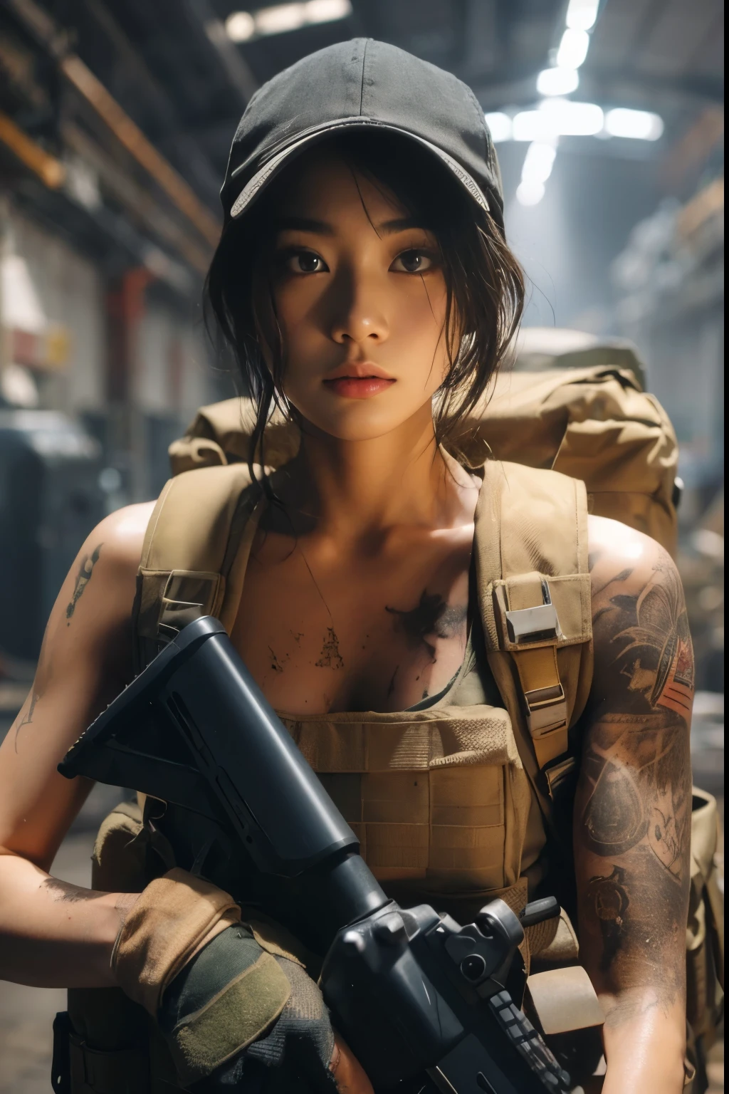 8K,realistic photo、realistic skin texture、A beautiful Japanese woman belonging to the American military is in an abandoned factory that is no longer in use.、The roof collapses and light shines in、Dust is flying、A large machine placed casually is broken.、bulletproof vest、Holding an automatic rifle、with caution、Backpack、wearing a baseball cap、It is dirty、tattoo、moving action pose、muscle、dramatic composition、Zoom out