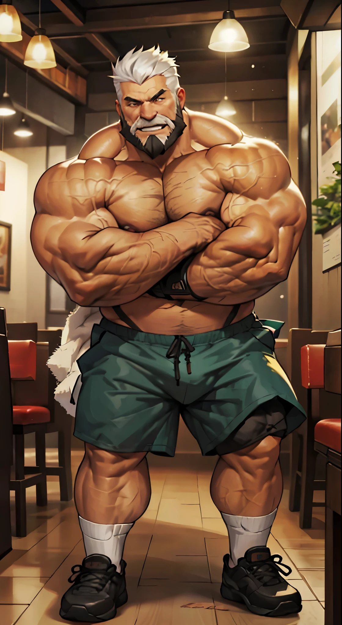 chubby old man in restaurants, old man, thick arm, huge arm, bearded. white hair and beard, bearded, muscular, pectoral, wide pectoral, realistic, 8k, masterpiece, (wearing shorts and shirtless:1.3, topless, shoes)