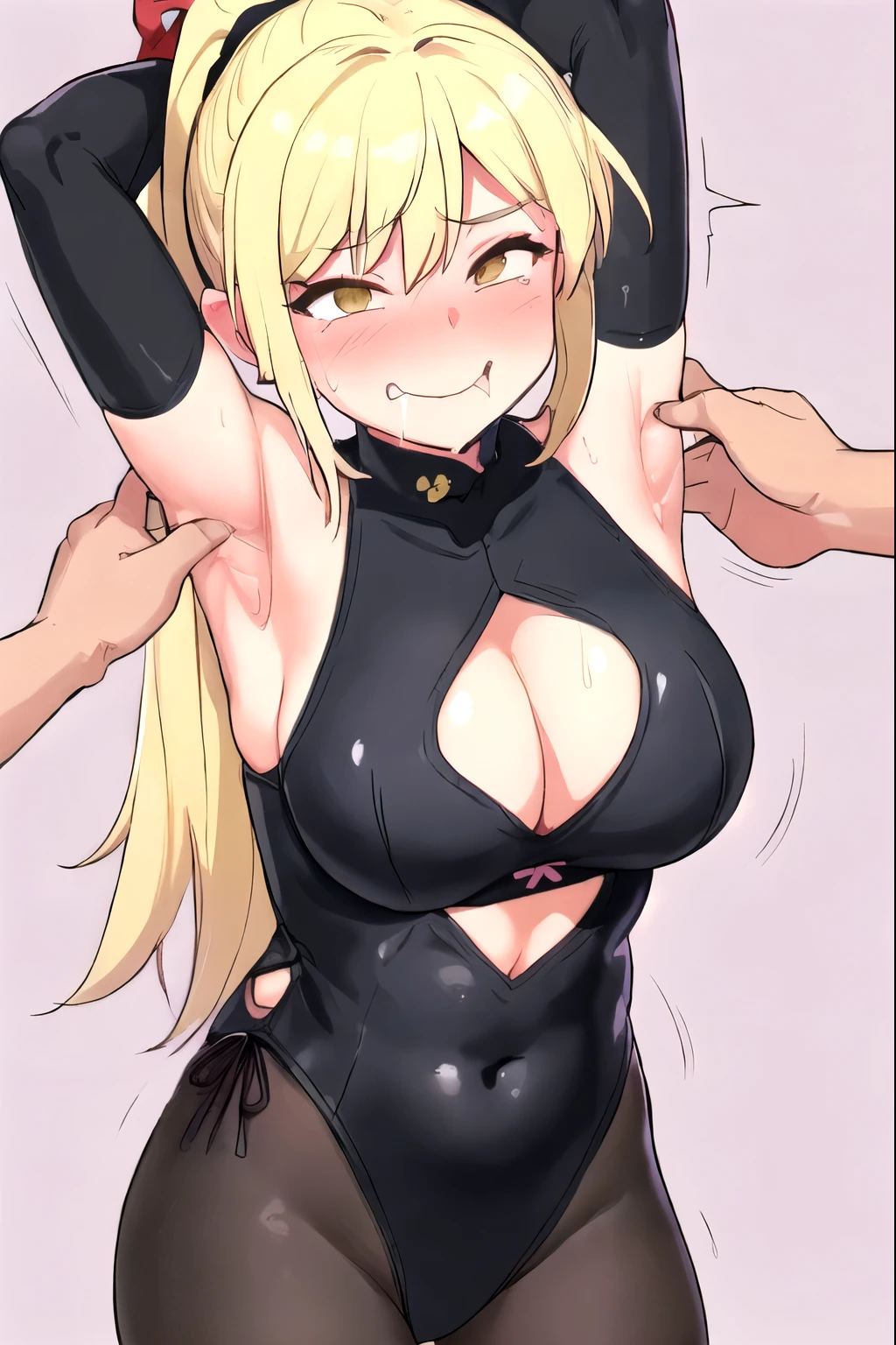 A girl whose armpits are tickled by a man, 1 girl,big breasts, smile, laughter, Are standing, armpit, grab, tickles, simple background,saliva,open your mouth wide,blonde ponytail,black leotard,