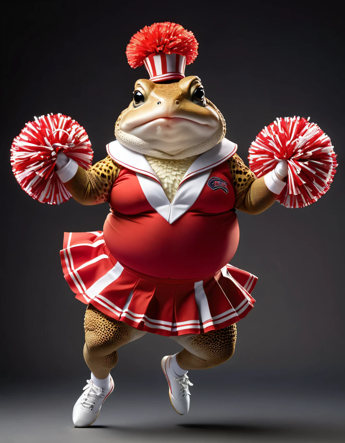 photorealistic portrait of Dressed animals - a ((fat)) toad cheerleader,(cheer dancing:2.0),(jumping:2.0), high quality,(lovely) ,intricate details, highly detailed ((cheer costume)) ,highly detailed cheer clothes, holding pom-pom ,(passion) , highly detailed , (happy), studio lighting,(full body image:1.5)
