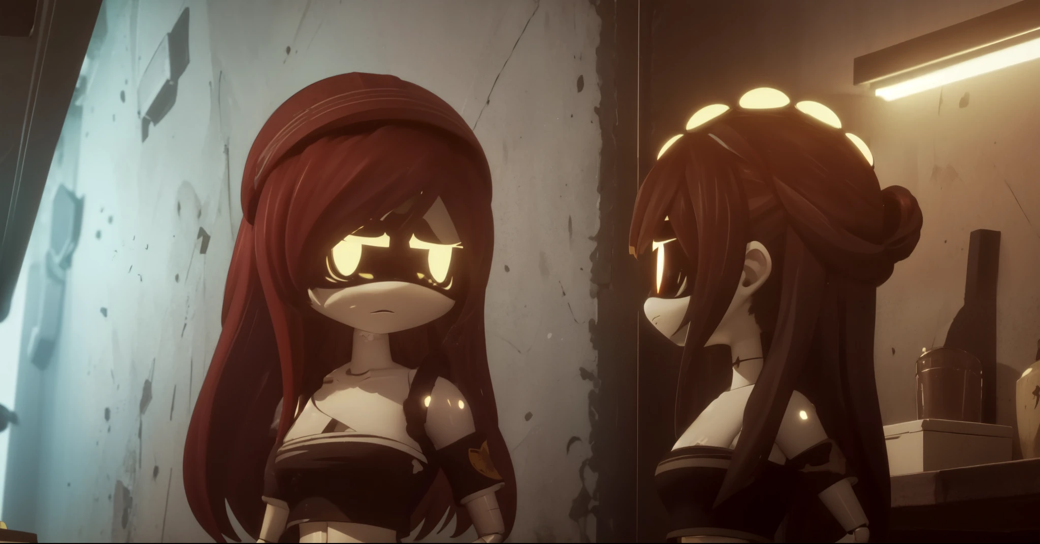 (8k uhd, masterpiece, best quality, high quality, ) upper body, hands behind back, murder drone, Doll, android, midriff, bare shoulders, long red hair, green eyes, doll joints, glowing eyes, , standing looking at the viewer with a sad, standing, sad, hunched over, hollow eyes, bunker, bunker style, frozen, something behind her is exploding,