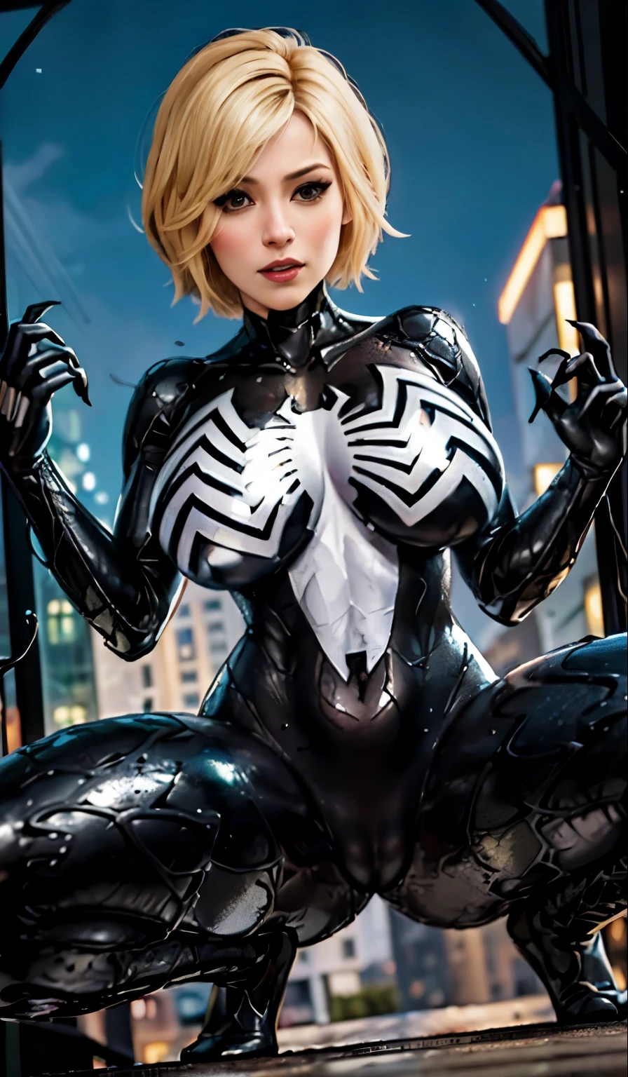 4K，realisticlying，Glamorous，The  very detailed，There  a girl in Dingcheng，Blonde hair，Wearing a black Spider-Man costume，（Black and white：1.4） the night,symbiote，venomize，a large amount of mucus,she  a spiderman，Black superhero theme，In front of the sky，Flushed complexion，( Open legs， camel-toe，， Vulvar shape：1.3）,(GGCameltoe:1.3)Legs apart，25 age old，full bodyesbian