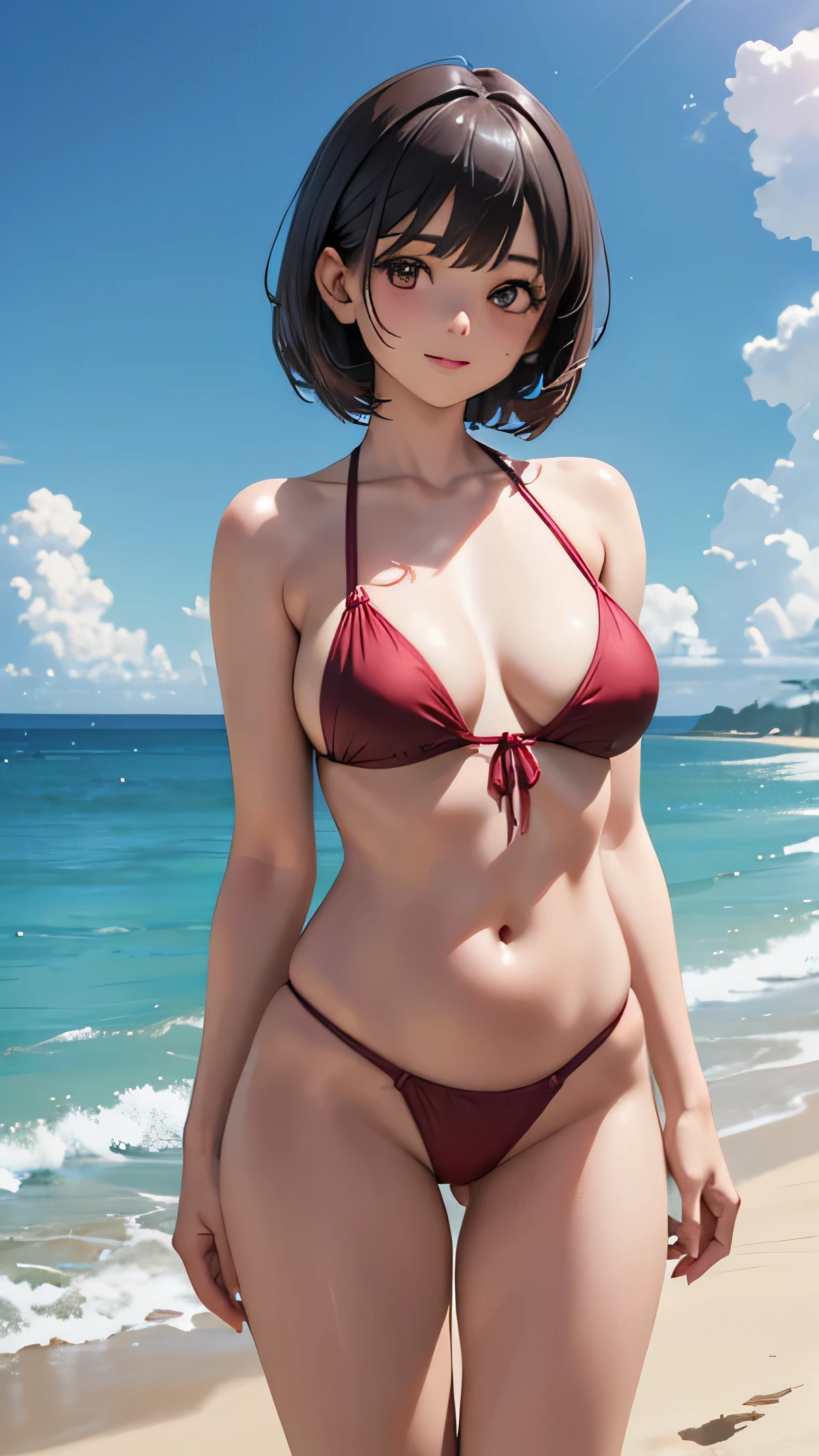 corpo todo,1 garota,sorriso caloroso,(figura perfeita,ser alto e magro),Sozinho,(ar livre:1), blue sky, concentre-se no peito,olhando para o mar,Rosto de Selina Gomez,Detalhe delicado rosto latino jovem, pele oleosa,(salva-vidas sexy, burgundy bikini), dedo de camelo, (lindos seios naturais, tamanho dos seios C90),(belo quadril),(beautiful hand),(bela coxa),Smoke, vivid image,obra de arte, (Melhor qualidade:1.2),ultra-detalhado,realista,High definition,alta qualidade,cinematic light,rastreamento de raio,Ultra high resolution,Ultra HD,(Sobre Fotoreal:1.4),detalhes intrincados,textura detalhada,finamente detalhado,alta qualidade shadow, Fundo da praia de Miami, from head to toe