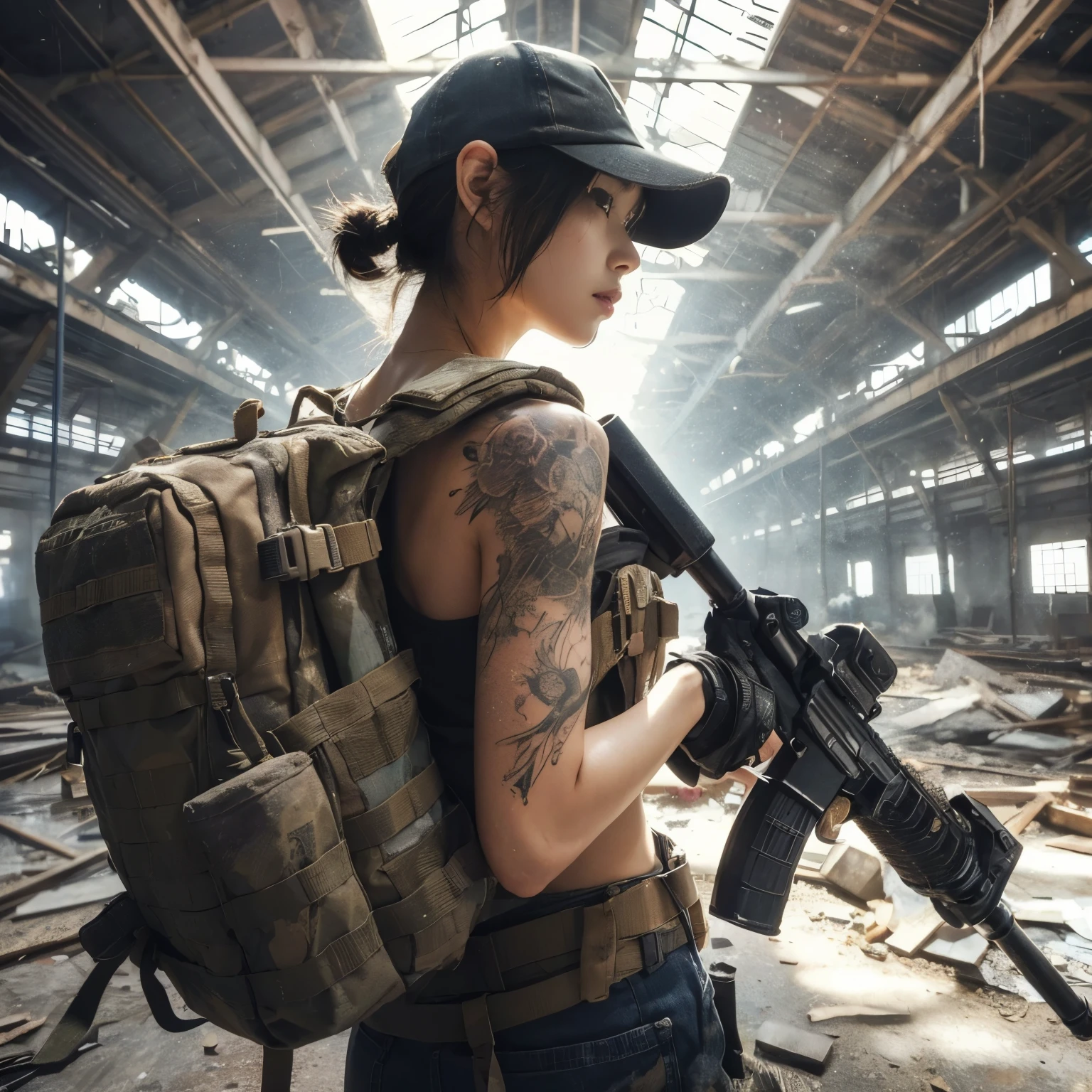 8K,realistic photo、realistic skin texture、A beautiful Japanese woman belonging to the American military is in an abandoned factory that is no longer in use.、The roof collapses and light shines in、Dust is flying、A large machine placed casually is broken.、bulletproof vest、Holding an automatic rifle、with caution、Backpack、wearing a baseball cap、It is dirty、tattoo、moving action pose、muscle、dramatic composition、Zoom out