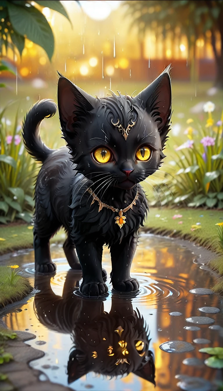 ultra hd quality, 8k, a black kitten, with long fur, yellow eyes, looks into a puddle, in the reflection you see a black panther, detailed with vivid colors, blurred background