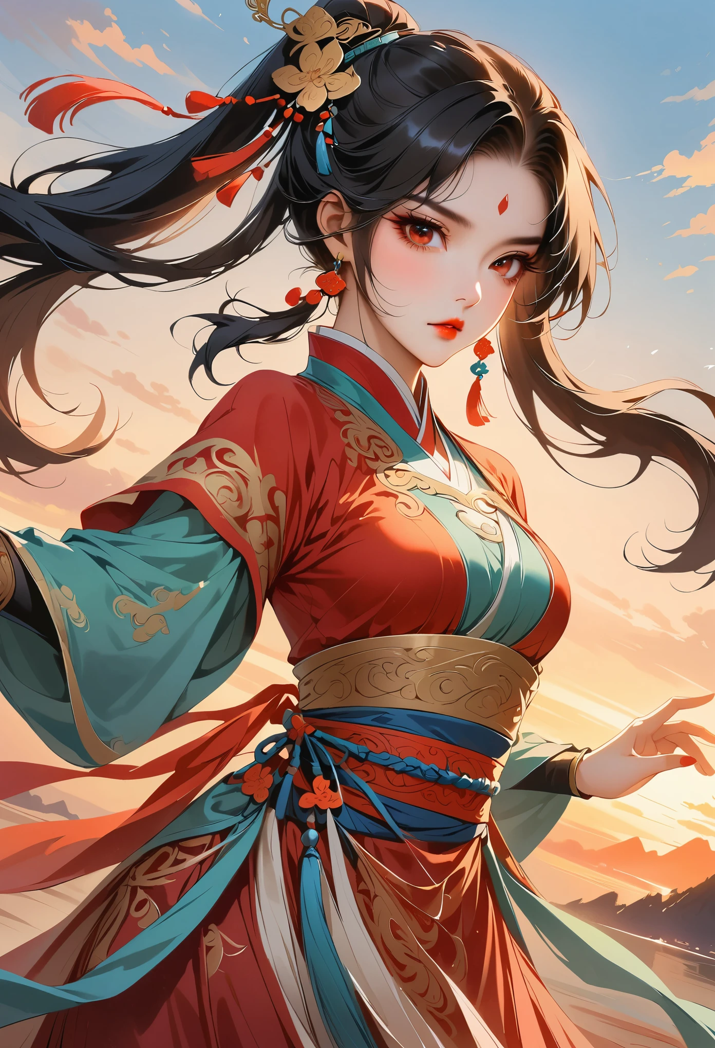 Traditional Chinese Dunhuang costume,woman,curls,red eyes,Dunhuang dance,sunset,Twilight,abundant,filigree,high resolution)