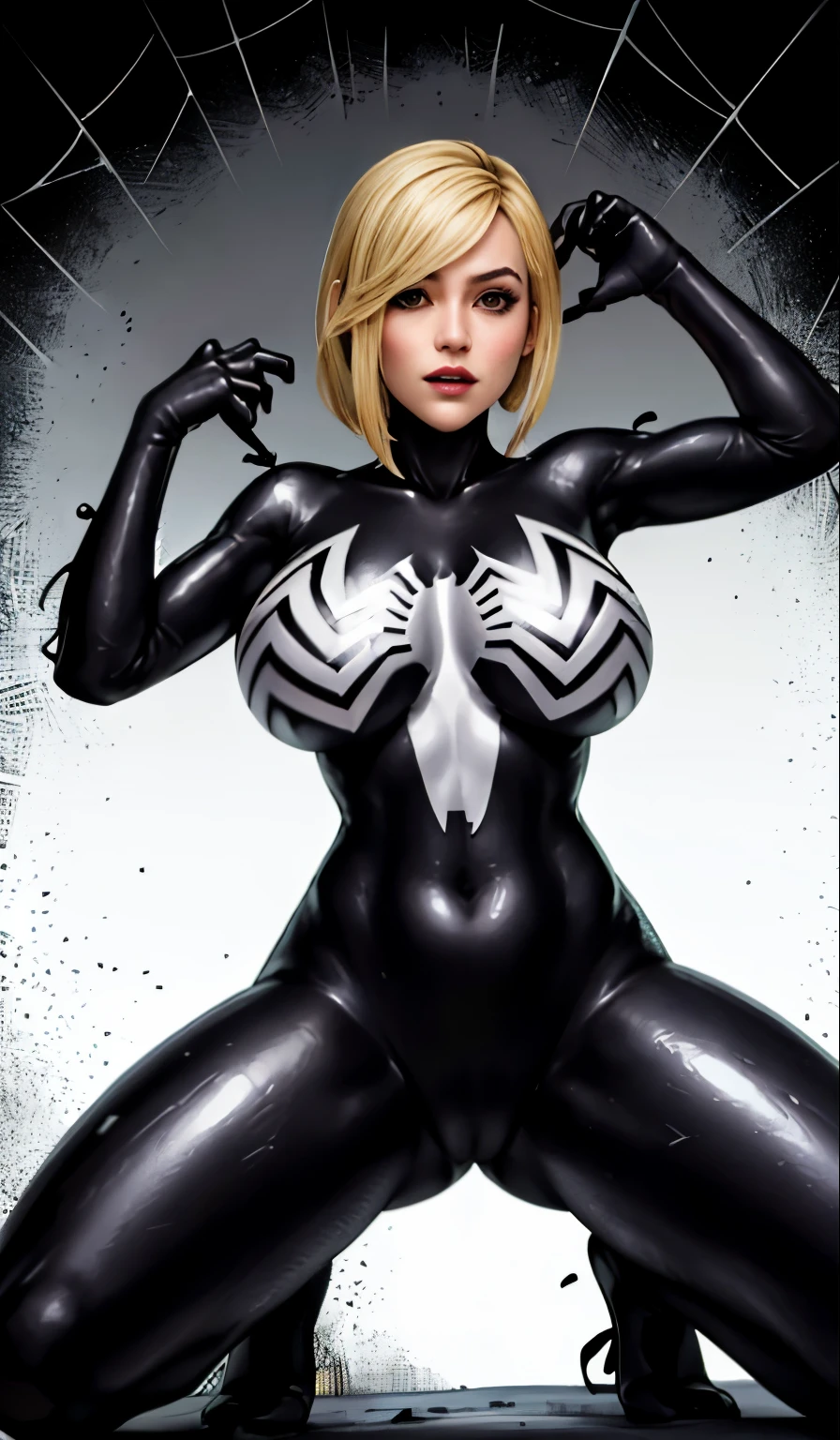 4K,realisticlying,Glamorous,The very detailed,There a girl in Dingcheng,Blonde hair,Wearing a black Spider-Man costume,(Black and white:1.4) the night,symbiote,venomize,a large amount of mucus,she a spiderman,Black superhero theme,In front of the sky,Flushed complexion,( Open legs, camel-toe,, Vulvar shape:1.3),(GGCameltoe:1.3)Legs apart,25 age old,full bodyesbian
