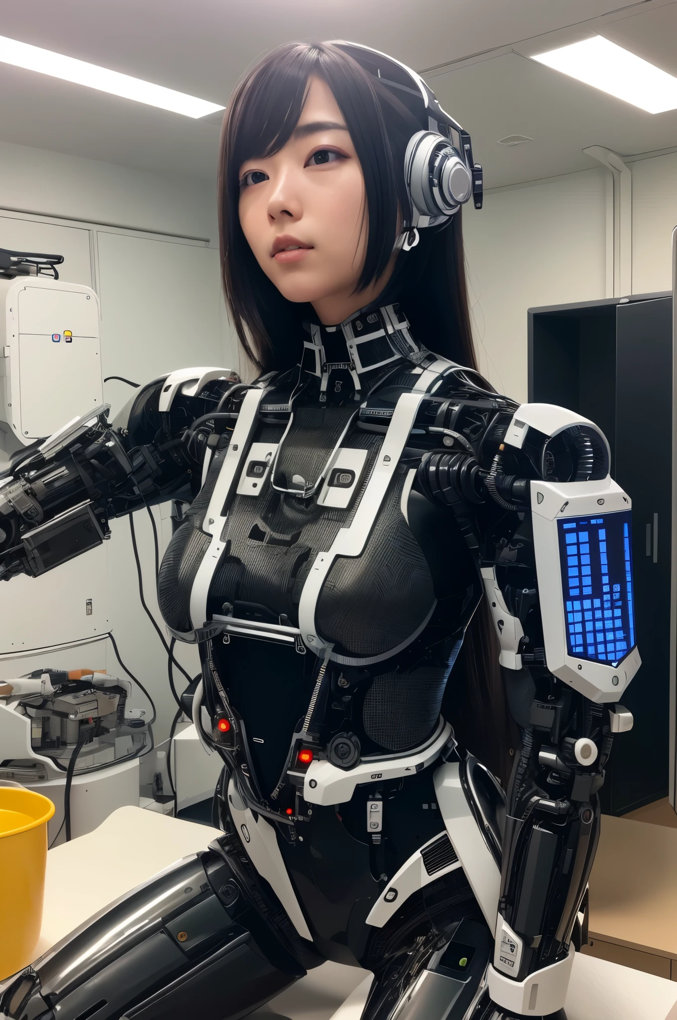 masterpiece, best quality, extremely detailed,8k portrait,Japaese android girl,Plump,control panels,android,Droid,Mechanical Hand, Robot arms and legs, Black Robot Parts,Black hair,Mechanical body,Blunt bangs,White robotics parts,perfect robot girl,long tube,thick cable connected her neck,ceramic body ,mechanical body,mechanical costume,android,robot,humanoid,cyborg,japanese android woman,mechanical chest,future laboratory,connecting a cable between the legs,(blue eyes:1.5)