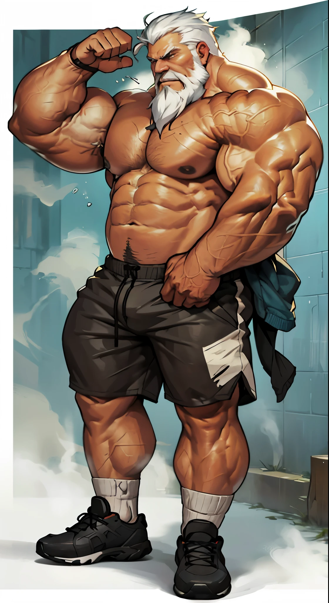 chubby old man in steam room, old man, thick arm, huge arm, bearded. white hair and beard, bearded, muscular, pectoral, wide pectoral, realistic, 8k, masterpiece, (wearing shorts and shirtless:1.3, topless, shoes)