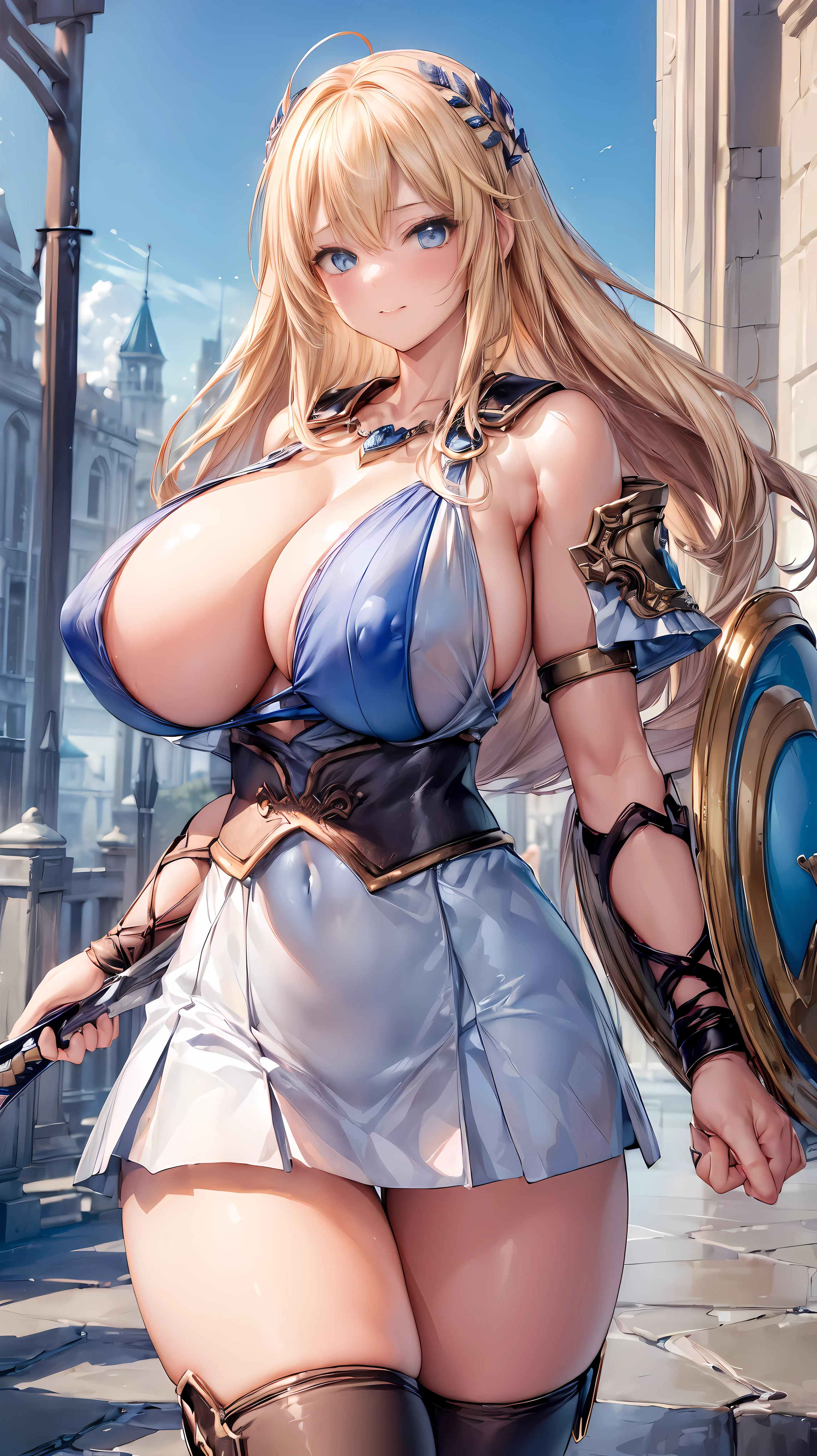 sensual, long blonde hair, thick thighs, 8K, 4k, highest quality, (High resolution:1.6), cute anime face, noise reduction, (shining blue eyes, gentle smile, kind eyes)、toned abdominal muscles, muscular arms, muscular legs, young face, anime eyes, Sophitia Alexandra、(holding a sword in the right hand:1.5)、(Equipped with a shield on the left arm:1.5)、(SFW huge body:1.8)、knee high tights、beautiful hands