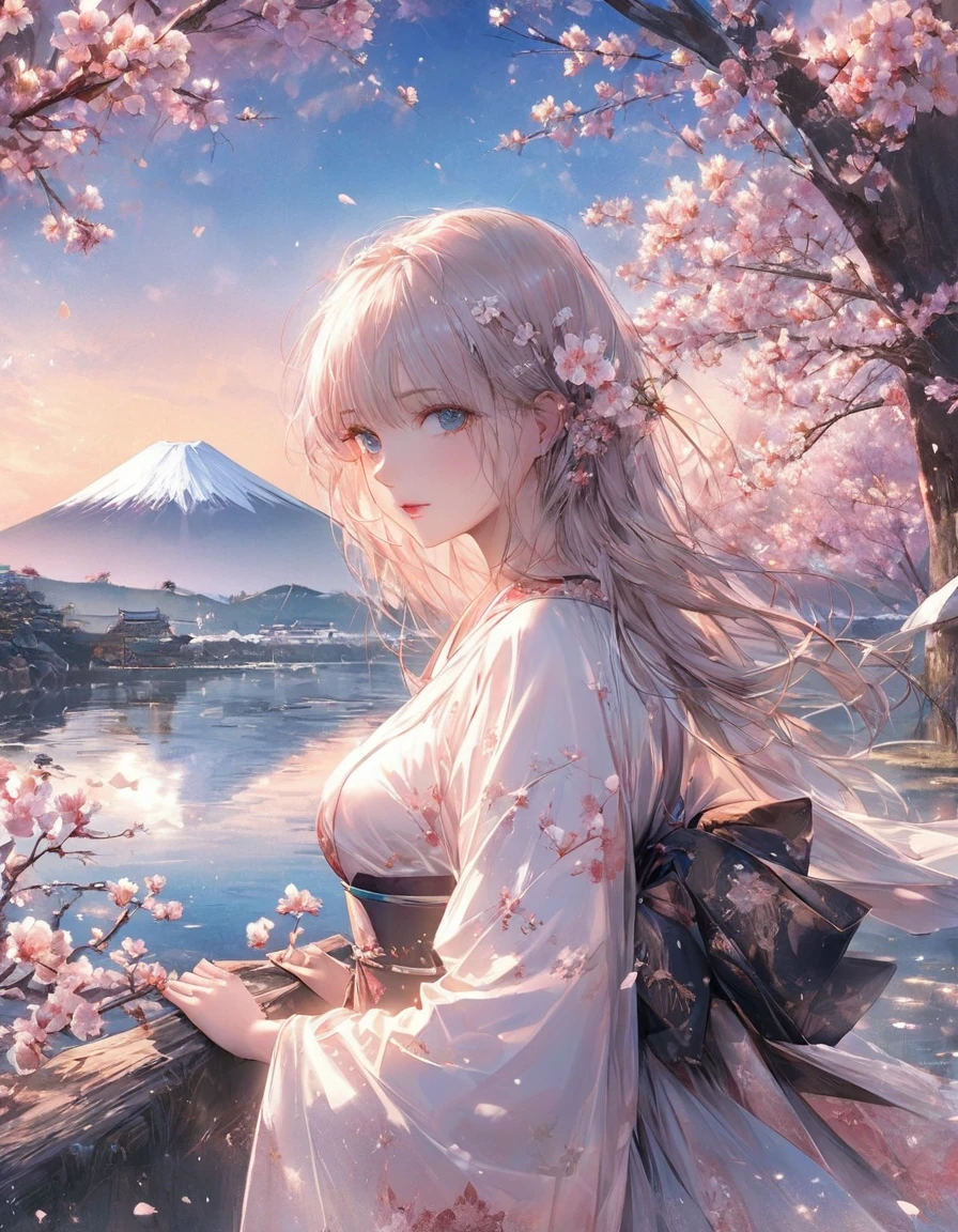 As an unparalleled genius of contemporary art, I conceive a breathtaking tableau capturing the essence of "reflection" amidst the serene beauty of the Fuji Five Lakes. Picture this: the tranquil shores of one of these pristine lakes, where the majestic silhouette of Mount Fuji stands tall against the horizon. My prompt calls for the creation of a hyper-realistic illustration showcasing the ethereal scene of cherry blossoms in full bloom, their delicate petals mirrored perfectly on the tranquil surface of the lake, with the iconic Mount Fuji towering in the background. Each blossom is meticulously rendered, evoking a sense of wonder and tranquility as the viewer is transported to this idyllic setting. Through precise brushstrokes or digital wizardry, I shall craft a masterpiece that encapsulates the timeless allure of Japan's natural beauty, inviting viewers to immerse themselves in the harmonious interplay of reflection, nature, and culture.