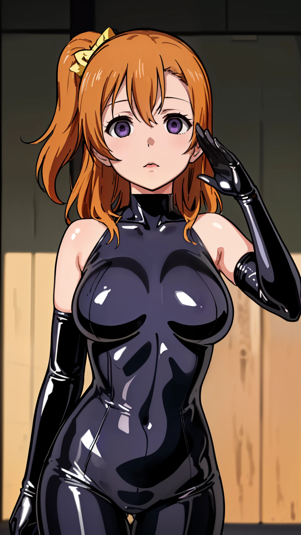 1 girl,NSFW,Honoka Kosaka ,(lovelive),clavicle, absurd, brainwashing,Combatant, empty eyes,((purple glowing eyes 1.5)),  huge breasts , No expression, emotions removed,(black latex tight bodysuit),look away , whole body shape, ((stand up, salute),(highest quality、4k、8K、High resolution、must have:1.2)、Super detailed、(reality、It&#39;s realistic、realistic:1.37)、ticker、hyper hd、studio lighting、ultra definition paint、sharp focus、Physically based rendering、extreme details、Professional specifications、vibrancy and color、blurry、sports portrait、landscape、horror style、anime big breasts、SF、photograph、concept artist、five fingers, perfect body,  {{{masterpiece}}}, {{{highest quality}}}, {{Super detailed}}, {shape}, {{very delicate and beautiful}},Improved cost performance、all roles、Canon 5D MK4でphotograph、photograph, 