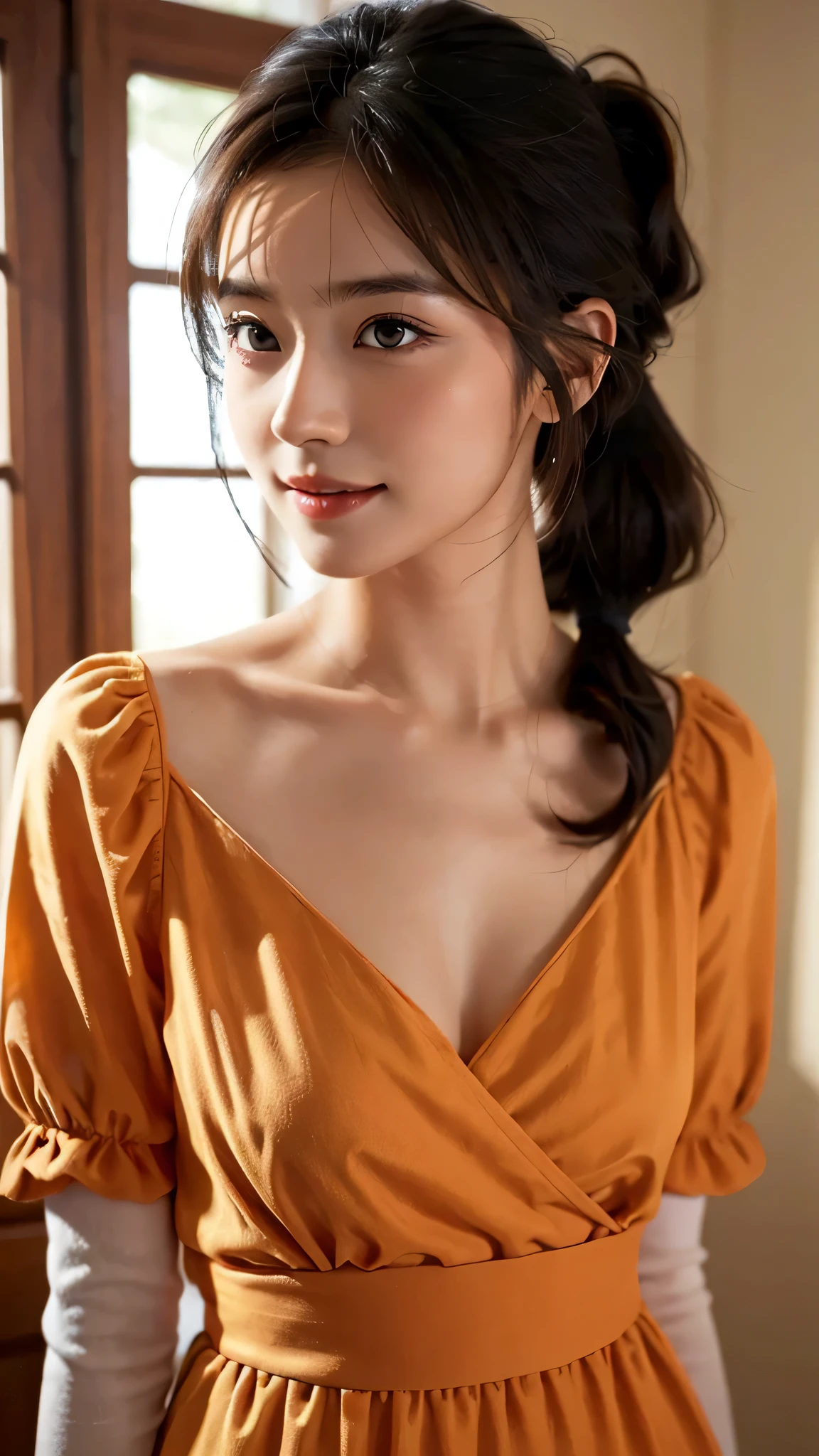 One woman,fully body photo,masutepiece, The highest image quality, High quality, the background is clear,Beautiful woman, Japanese, Detailed, Detailed eyes, Detailed skin, Beautiful skin, 超hight resolution, (reality: 1.4),Very beautiful woman, Slightly younger face, Beautiful skin, slender, (Ultra photo realsisim), (hight resolution), (8K), (Very detailed) (beautifully detailed eyes), (super detailed), (Detailed face), view the viewer, Fine details, Detailed face, Staring straight ahead, Staring straight ahead, photos realistic, Bright lighting, Professional Lighting, Black hair,poneyTail,a baby face,sixteen years old,Hairstyle is ponytail,long ponytail hairstyle,smile,Orange colored long dress with lots of ruffles, softly shaped skirt,standing on stage,close up of face