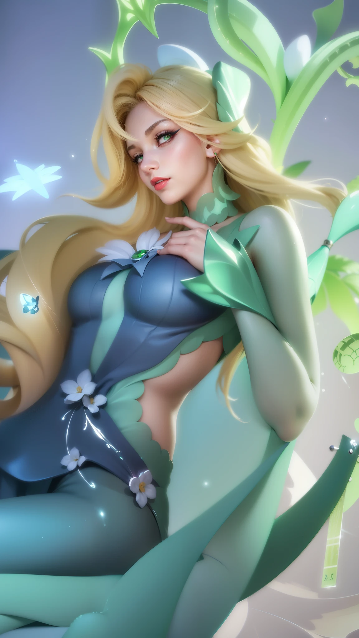 (female:1.2), 8k, ultra hd, ultra detailed texture, hyper realistic, masterpiece, detailed texture, detailed face, detailed skin, detailed lighting, (photorealistic:1.5), best quality, beautiful lighting, cinematic lighting, professional lighting, ultra highres, realistic, detailed hair, real hair, high quality, (realskin:1.5), extremely detailed, finely detail, ultra-detailed, 1girl, solo, standing, demon horns, (green eyes:1.5), v-shapped eyebrow, lips, red lips, evil smile, nose, make up, pretty, beautiful, long hair, blue hair, high ponytail, large breasts, cleavage, armpit, navel, stomach, black armor, pauldrons, bare shoulders, shoulder armor, thigh high, sleevless, detached sleeves, breastplate, gauntlets, karina \(mobile legends\), depth of field, looking aways, white skin, skin tight, amazing pose, outdoors, glowing, dark view, blurry background