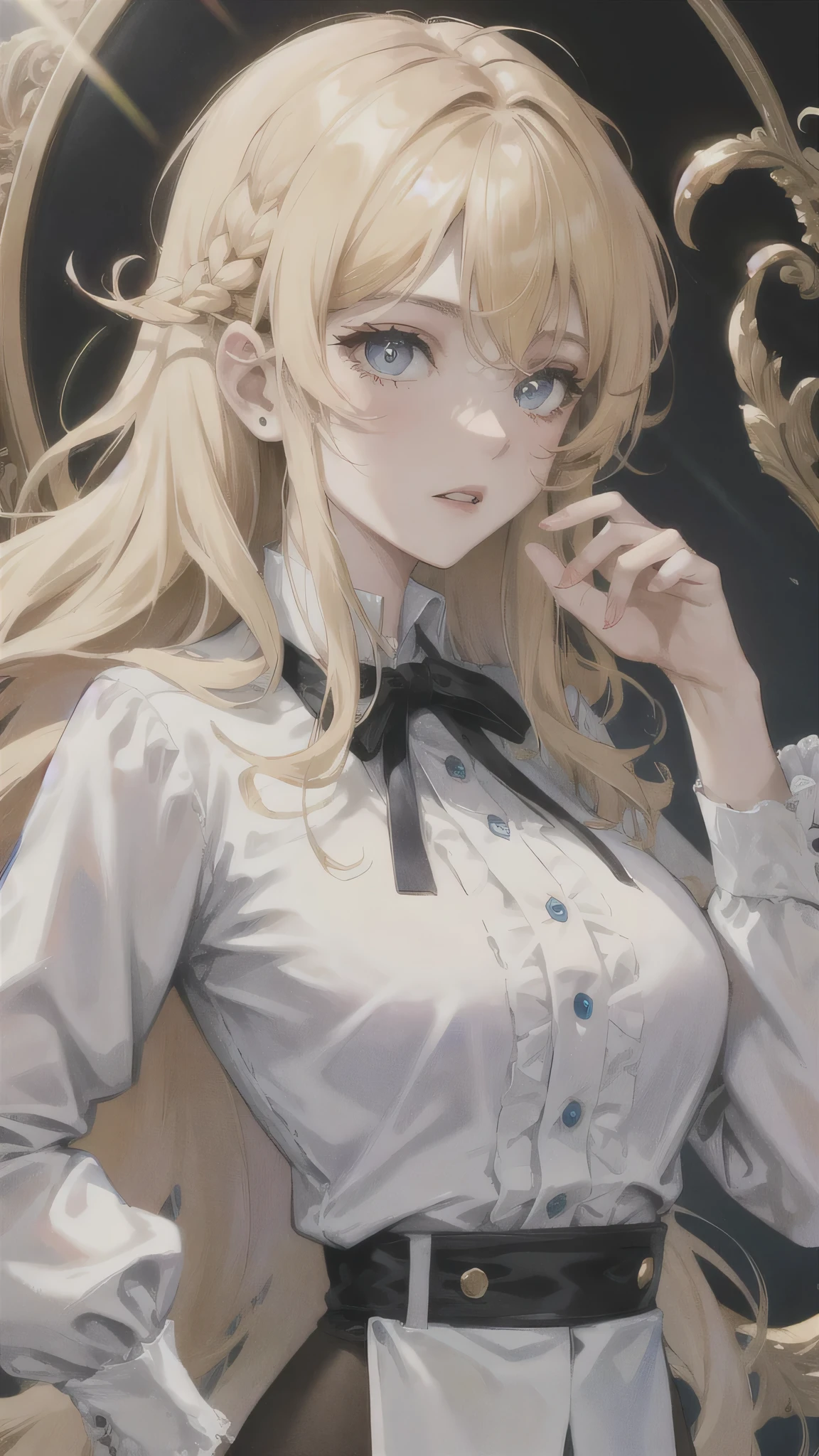 masterpiece, Best quality, night, full moon, 1 girl, (((mature woman))), ((blonde hair)), long and wavy hair, Light pink lips, tranquility, Intellectual, medium hair, Blue pupils, hairpin, Beautiful face, face close up, Hand close-up, business suit, White shirt, black dress pants 