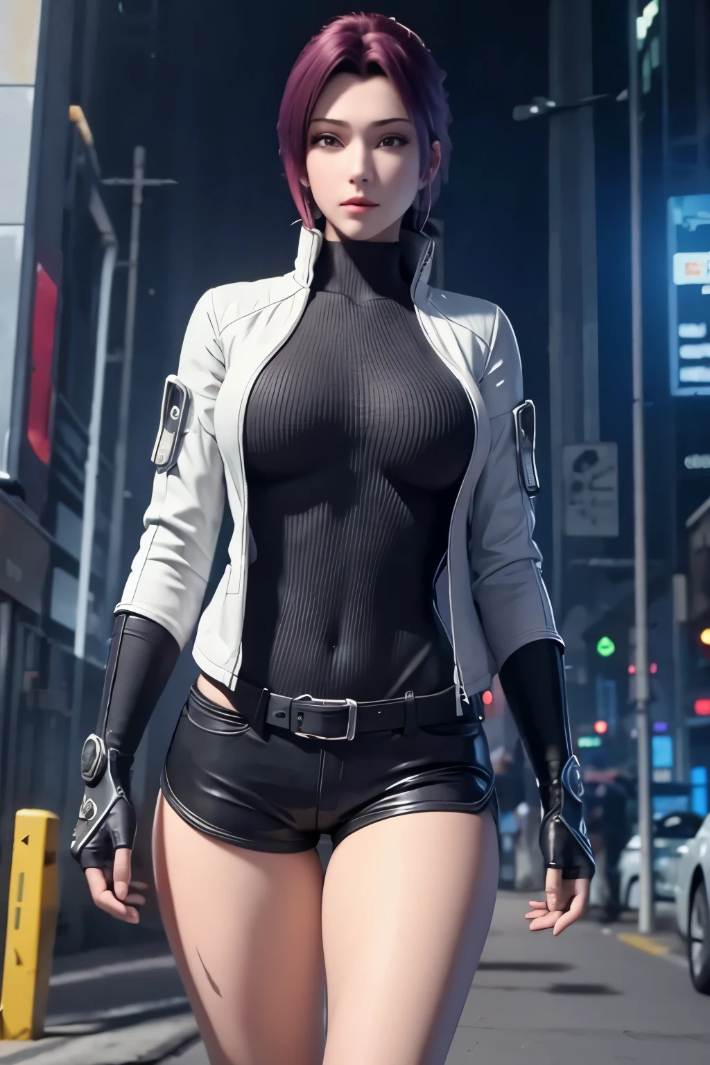 (extremely detailed CG unity 8k wallpaper), (ultra-detailed), masterpiece, best quality, lucy (cyberpunk), bodysuit, solo, breasts, cyberpunk city, multicolored hair, short hair, looking at viewer, medium breasts, black bodysuit, grey eyes, hip vent, clothing cutout, thigh gap, covered navel, white jacket, bare shoulders, short shorts, couch,