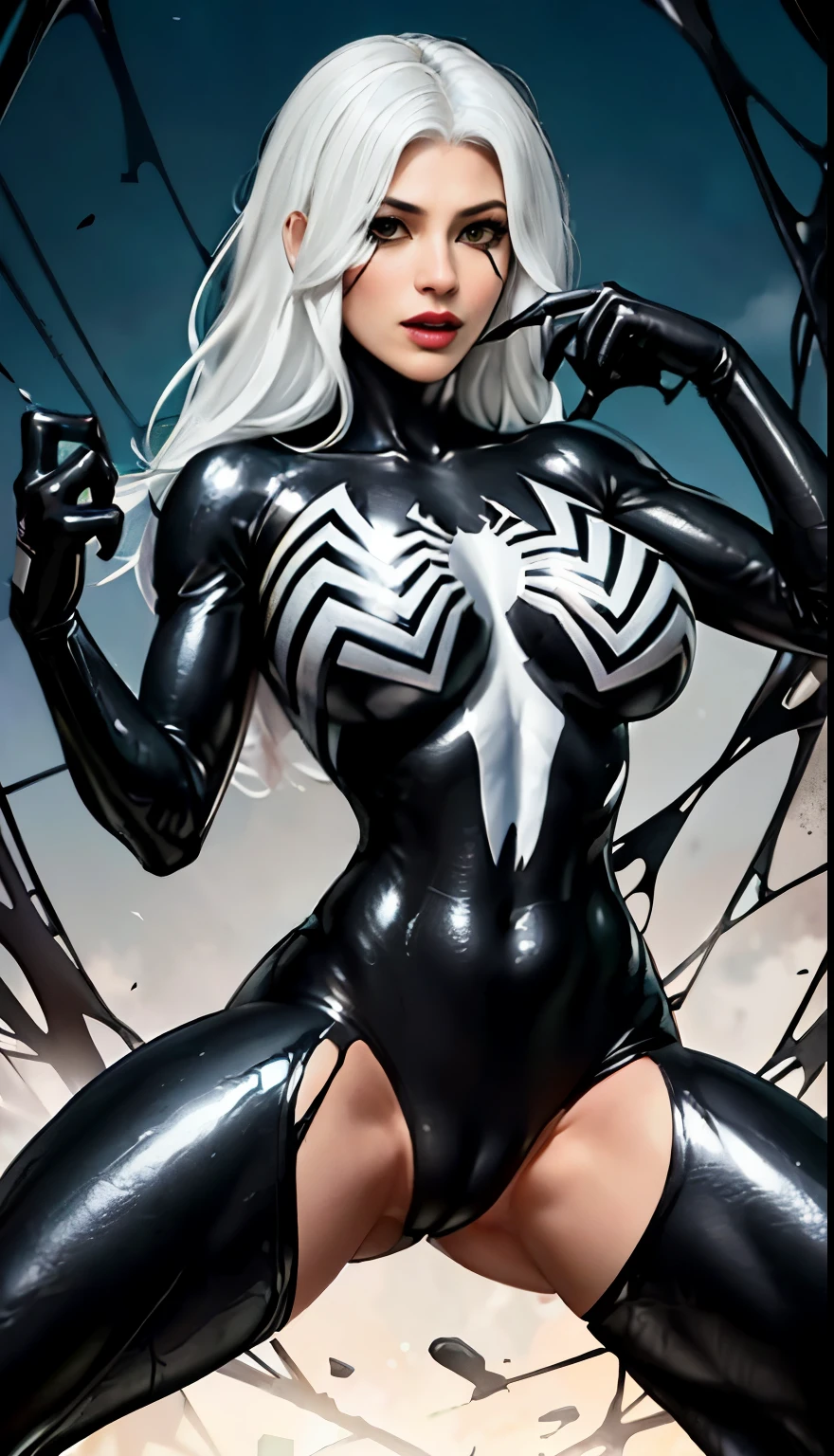 4K，realisticlying，Glamorous，The  very detailed，There  a girl in Dingcheng，White hair，Wearing a black Spider-Man costume，（Black and white：1.4） the night,symbiote，venomize，a large amount of mucus,she  a spiderman，Black superhero theme，In front of the sky，Flushed complexion，( Open legs， camel-toe，， Vulvar shape：1.3）,(GGCameltoe:1.3)Legs apart，25 age old，full bodyesbian