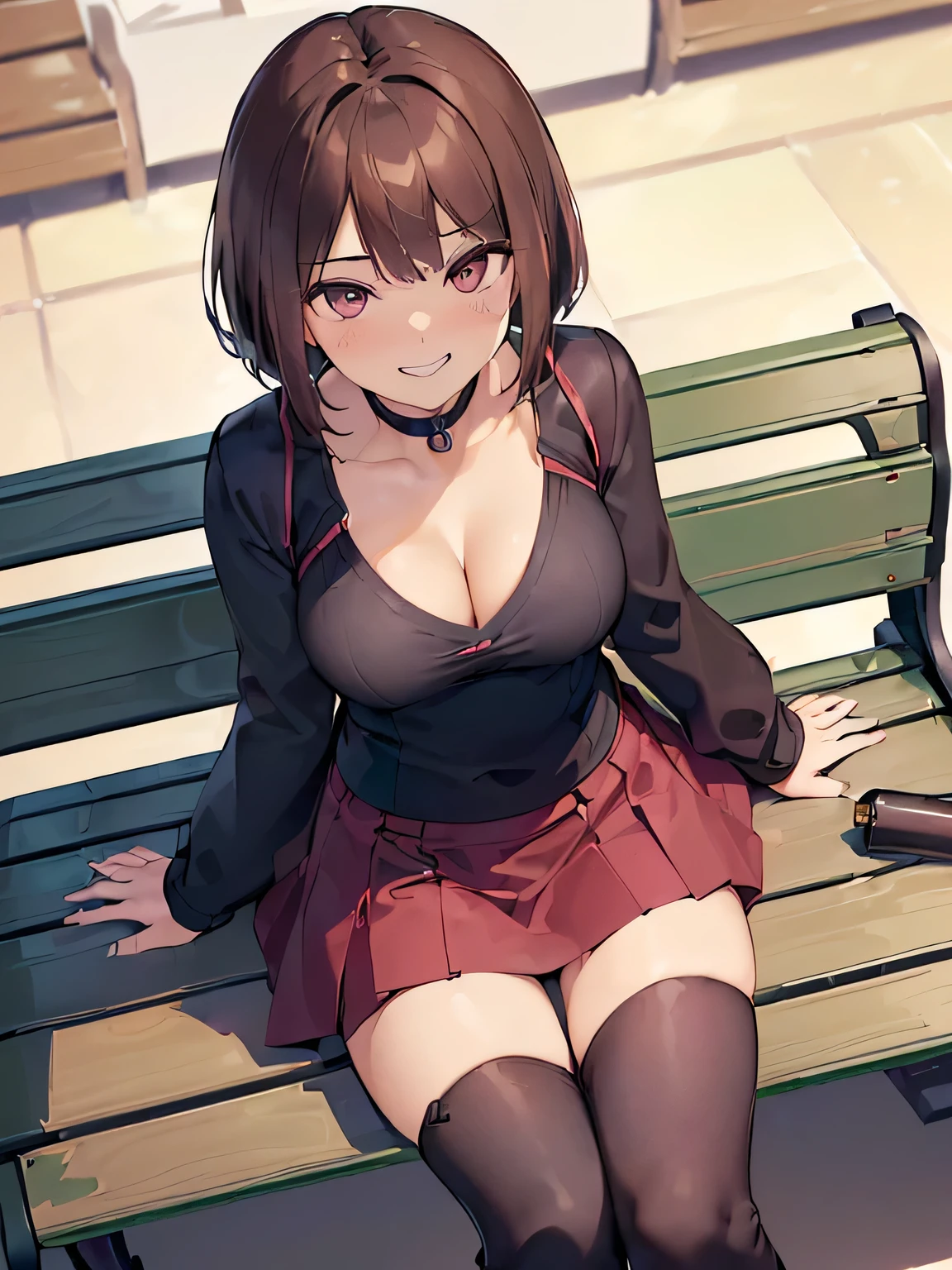 A woman is sitting alone on a bench、(The skirt is too short and you can see my pants.:1.8)、(Please provide a photo taken from the front.:1.8)
(I'A man wearing a navy long-sleeved V-neck knit:1.u can almost see her cleavage from the V-neck:1.5)、(I'ワインレッドのフレアミニスカートを着ているI:1.8)、(I am wearing beautiful black boots that are just below the knee.:1.8)、(Pants with flashy colors and patterns:1.2)、
(woman has short brown hair:1.5), shining eyes, (A provocative grin:1.5),
(The place is a bench in a shopping mall..:1.8)、
highest quality, High resolution, realistic pictures, realistic skin,