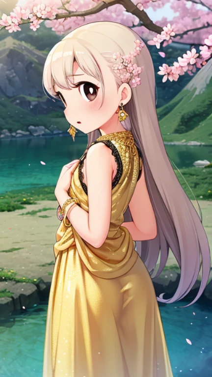 8K, ultra hd, masterpiece, 1 girl, very long hair, detailed eyes, glossy lips, ((golden clothes)), (translucent golden lace:1.5), skirt, (jewellery:1.5), ray tracing, ((mountain)), river, morning, cherry blossom leaf falling, shizuka,hot