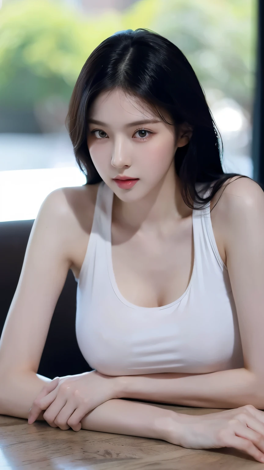 （lifelike， High resolution：1.3）， 1 Girl with perfect body， very detailed face and eyes，black hair, long hair， white tank top：1.2， big ，expose cleavage,　(full body description:1.5),　sexy pose
