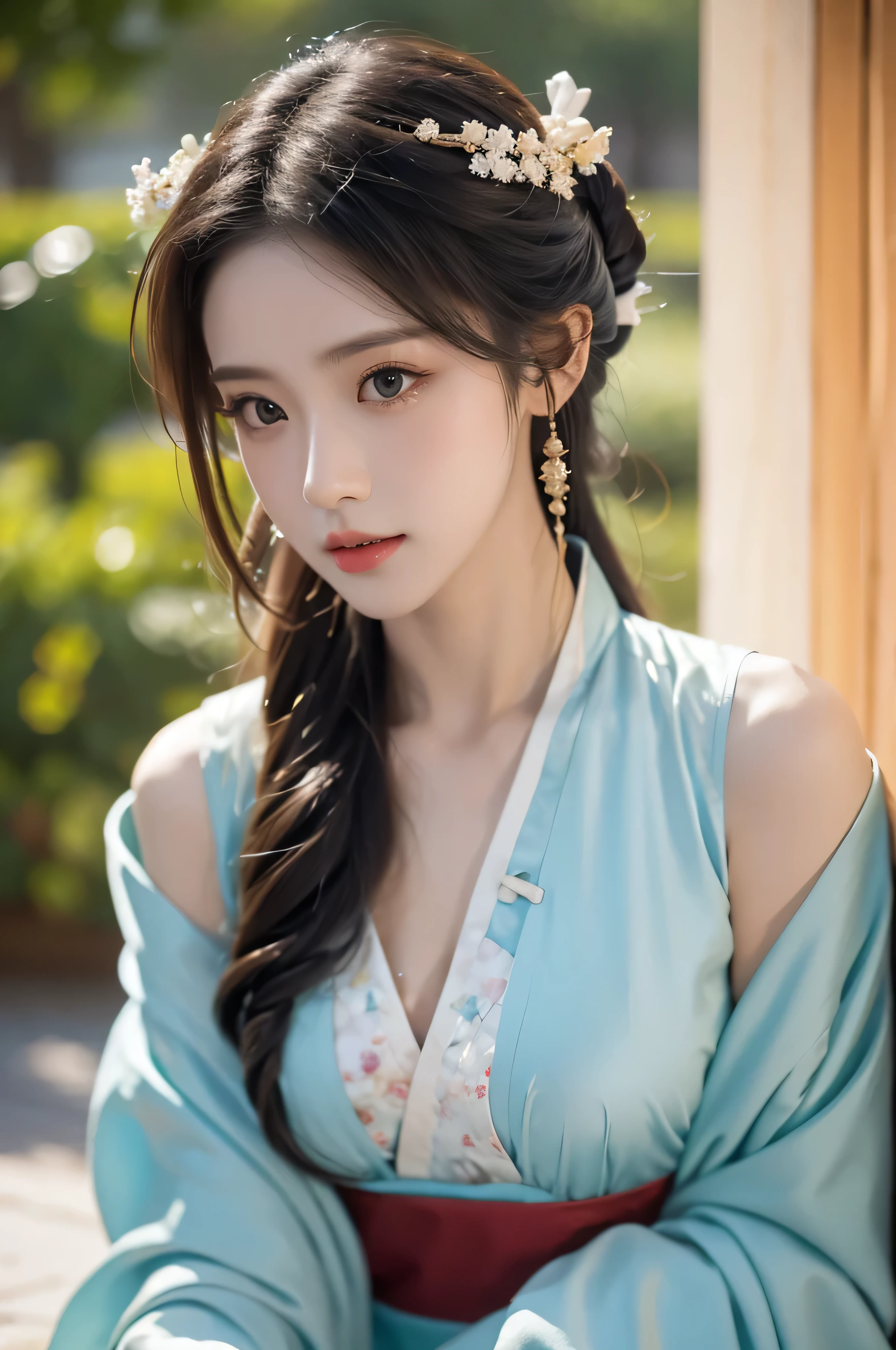 Fair, masterpiece, best quality, extremely detailed face,1 girl, alone，wrap your chest，hanfu，kneeling position