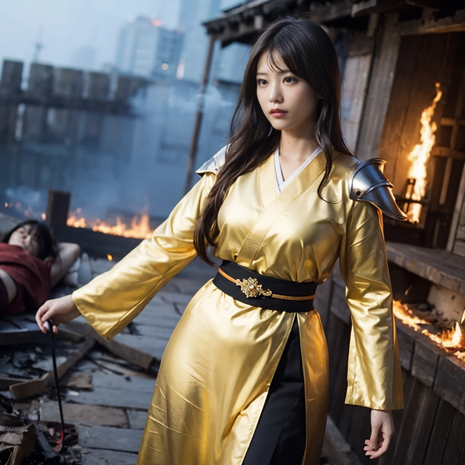 (((Realistic, masterpiece, best quality, crisp detail, high definition, high detail, sharp focus, perfect studio lightning))), 20 years old assassin, kasumi arimura, wearing (((fully decorated golden armor, armored kimono))), dirty, sweating, blood scattered, bloodbath, carnage, fire everywhere, smoke everywhere, blood everywhere, death everywhere, japan bakumatsu period, (((dead bodies,carcass, ,fire,smoke,ruined castle) traditional village background)
