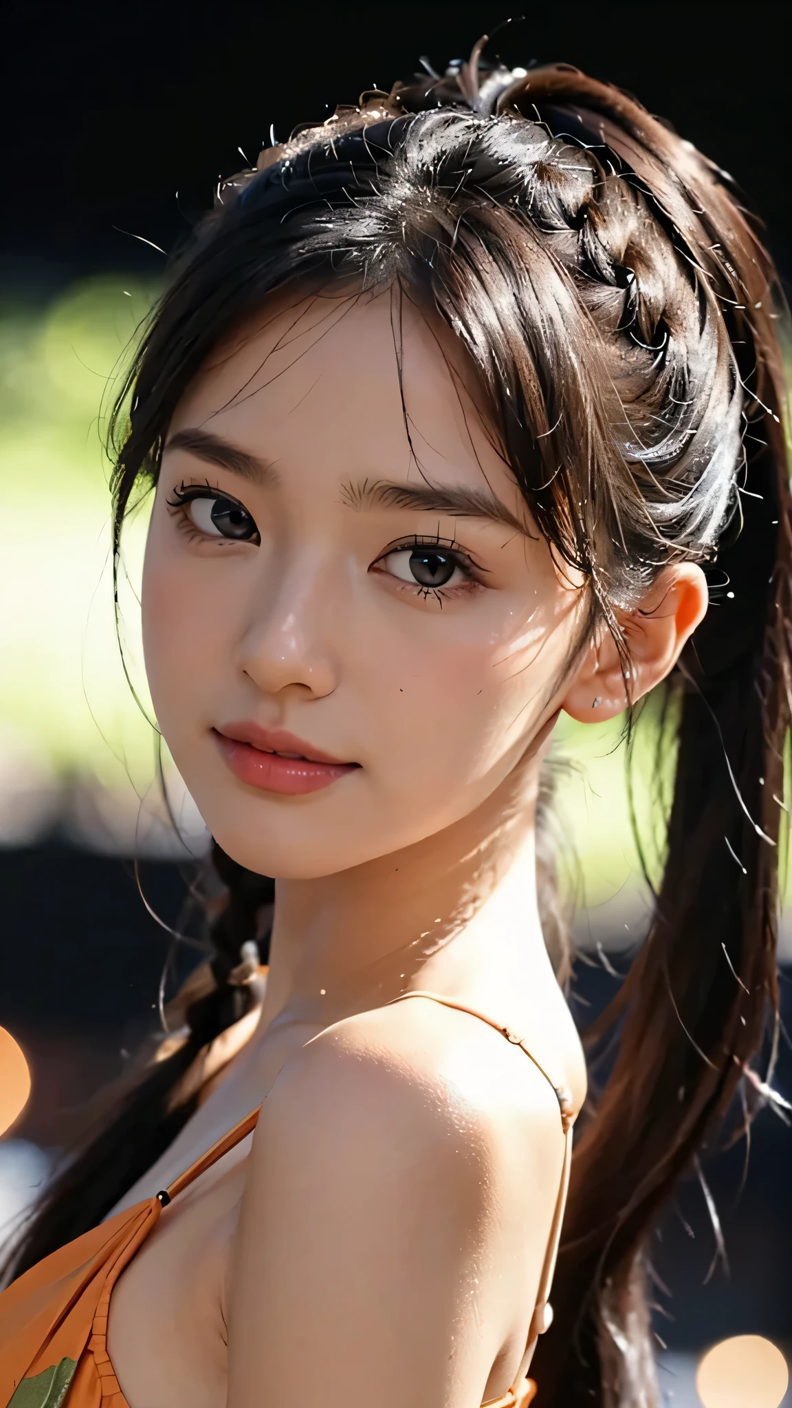 One woman,fully body photo,masutepiece, The highest image quality, High quality, the background is clear，Beautiful woman, Japanese, Detailed, Detailed eyes, Detailed skin, Beautiful skin, 超hight resolution, (reality: 1.4),Very beautiful woman, Slightly younger face, Beautiful skin, slender, (Ultra photo realsisim), (hight resolution), (8K), (Very detailed) (beautifully detailed eyes), (super detailed),   (Detailed face), view the viewer, Fine details, Detailed face, Staring straight ahead, Staring straight ahead, photos realistic, Bright lighting, Professional Lighting, Black hair,poneyTail,a baby face,sixteen years old,Hairstyle is ponytail,long ponytail hairstyle,smile,Orange colored long dress with lots of ruffles, softly shaped skirt,standing on stage,close up of face