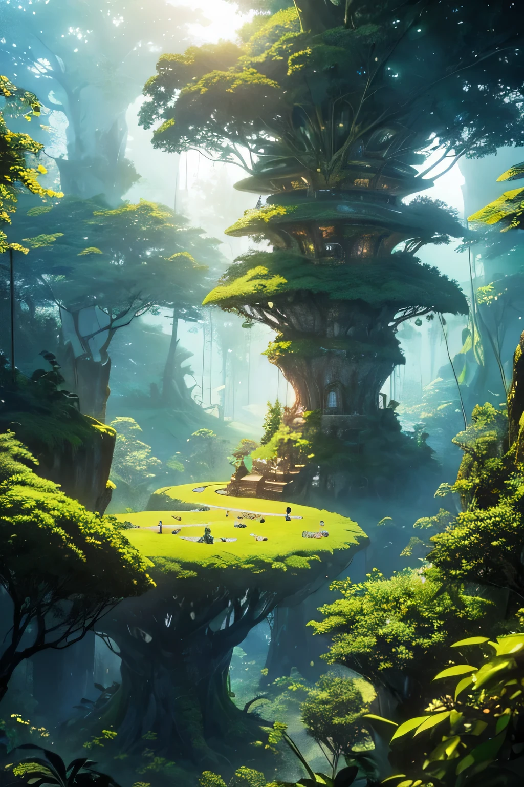 ทิวทัศน์ giant egg  On top of the giant tree  Inside the rainforest with many trees, Very fantasy.  anime illustration Anime style pictures
