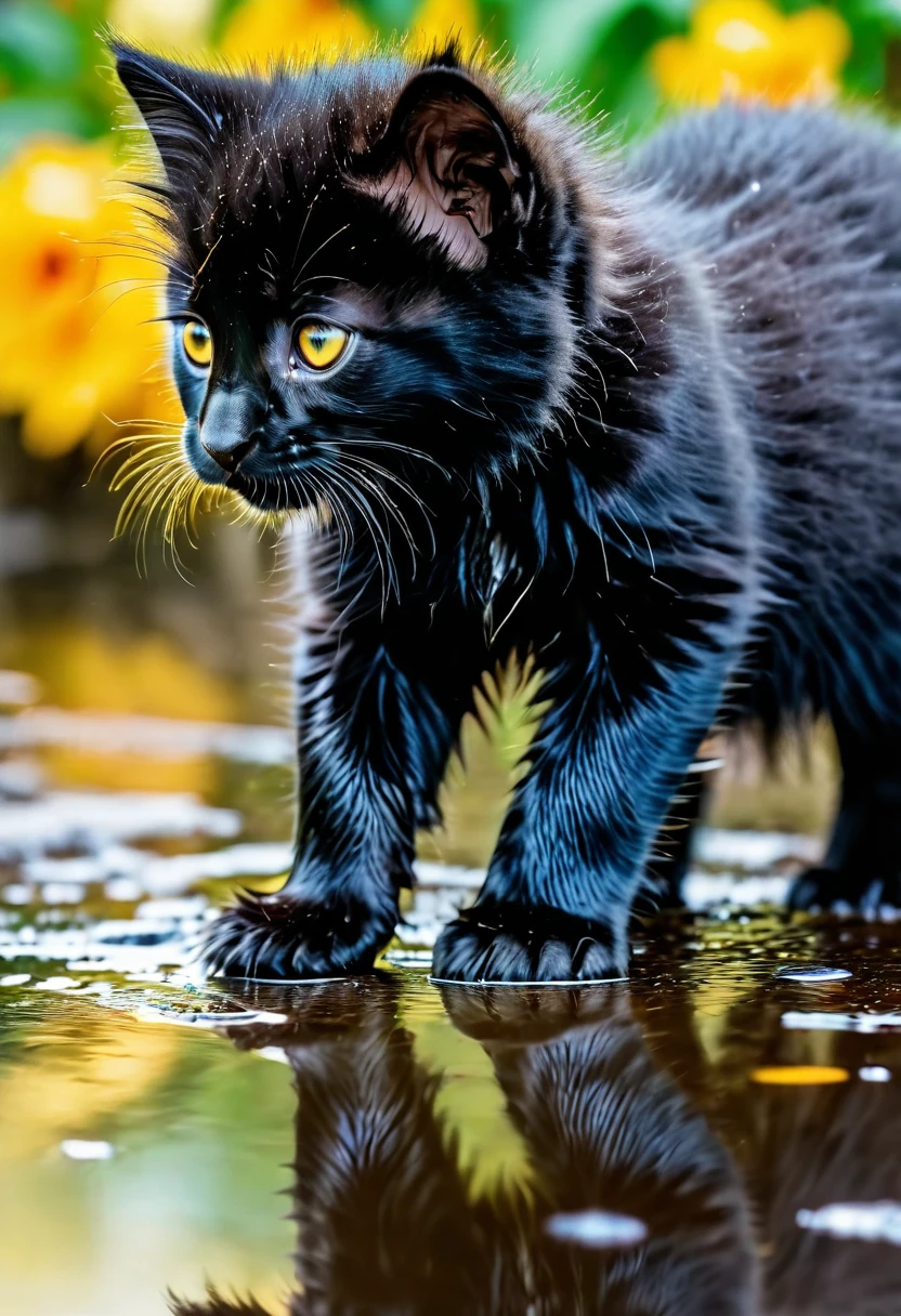 (best quality,8k,ultra hd quality,masterpiece:1.2), a black kitten, (long fur), yellow eyes, looks into a puddle, in the reflection you see a black panther ,[detailed] [vivid colors], [blurred background], (bokeh)