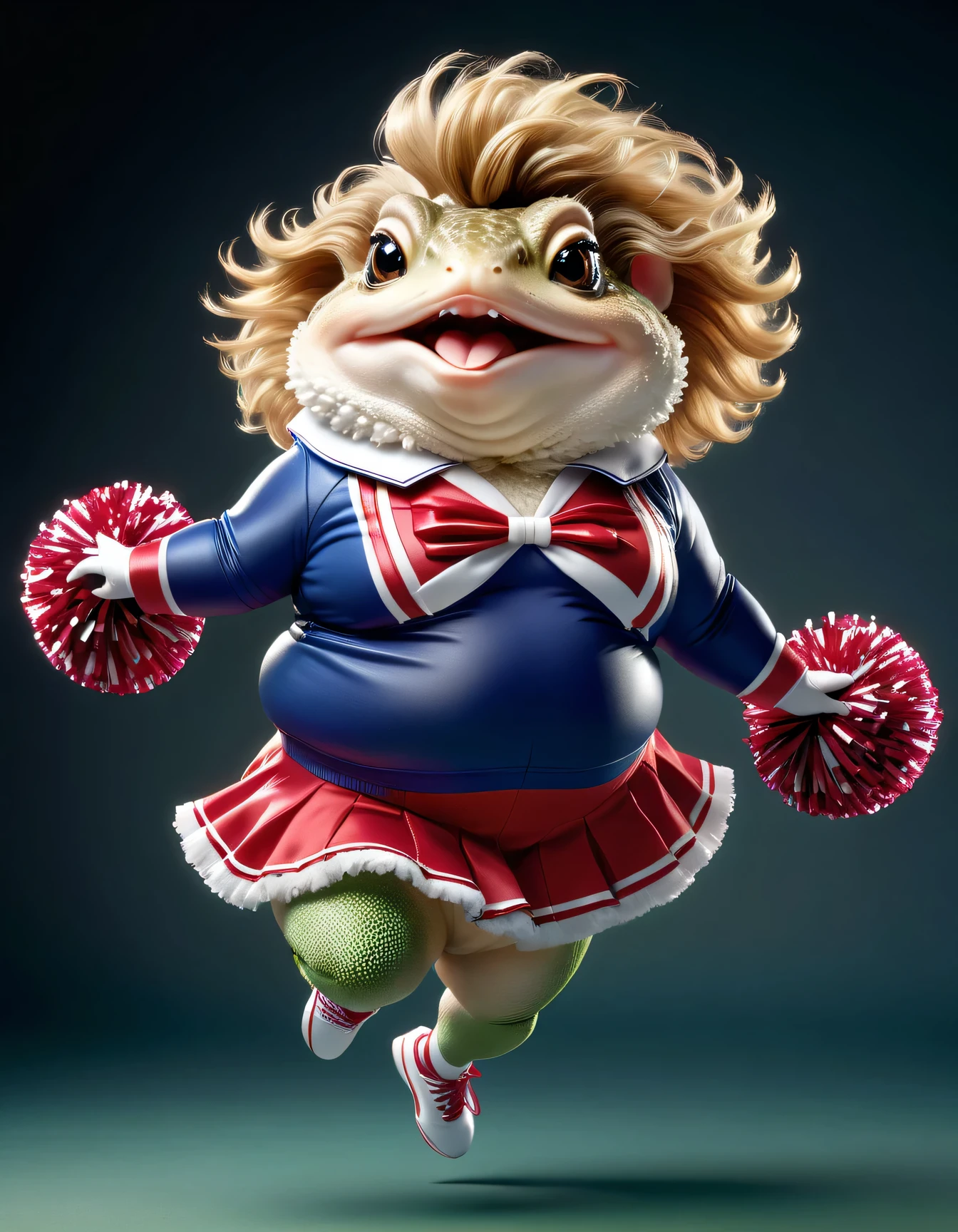 photorealistic portrait of Dressed animals - a ((fat)) toad cheerleader,(cheer dancing:2.0),(jumping:2.0), high quality,(lovely) ,intricate details, highly detailed ((cheer costume)) ,highly detailed cheer clothes, holding pom-pom ,(passion) , highly detailed messy hair , (happy), studio lighting,(full body image:1.5)