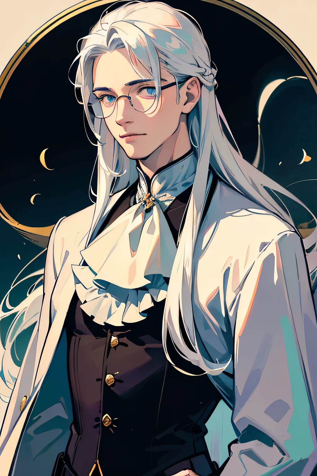 Grown up guy, adult face, (adult guy 30 years old), (absurdres, highres, ultra detailed), finely detailed eyes and detailed face, detailed eyes, elegant, ((graceful guy)), (((ash hair))), (((White hair))), (((disheveled long hair))), beautiful hair, (((Magic clothes))), ((Round glasses)), grey eyes, kind guy, soft pose, soft smile, kind smile, Background Cosmos, Tight clothes, frail guy, masterpiece, (((very detailed eyes)))