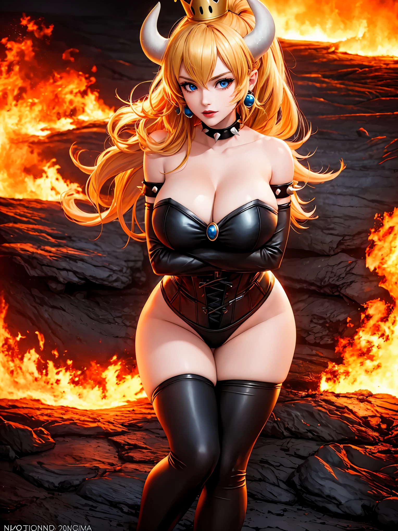 ((high detailed, best quality, 4k, masterpiece, hd:1.3)), ((best quality)), (((HD))), (((8k))), (ultraDH), (ultra HD), Princess Daisy, blue eyes, BREAK blue eyes, seductive, attractive, smooth anime cg art, 36C breasts, long legs, vivid colors, detailed digital art, slim body, perfect skin, dark blonde hair, long hair, blonde hair, blonde hair, BREAK crown, cleavage, 36C cleavage, looking at viewer, BREAK looking at viewer, extremely detailed face, red santa suit, red santa claus suit, santa claus suit, earrings, gem, dark black makeup lips, dark gothic eyeshadows, dark eyeshadows, black eyeshadows, black sexy lips, black lips, (dark:1.2), dark lips, very dark lips, (perfect hands, perfect anatomy), black makeup, black medium lips, black thick lips, detailed fingers, five fingers per hand, 5 fingers, (1 girl), detailed lips, detailed black lips, black painted lips, gothic painted lips, BREAK night, night sky, (breast focus), (arms outstreched:1.2), (from above:1.1), (breasts out:1.3), (off shoulder:1.1), (white horns), (corset), inside a lava castle, she inside a sea of lava, she bathing in lava, full body, perfect long legs, perfect foots, legs and foots into the lava, (((gigantic breasts)))