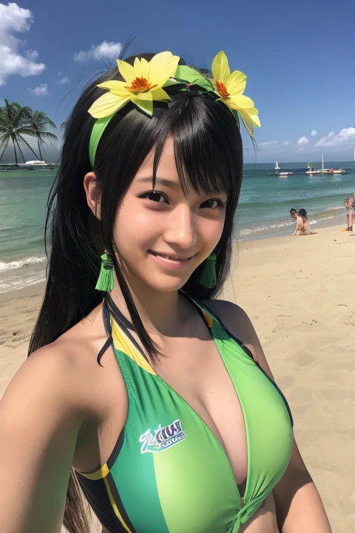 Guan Yinping, Black发, brown eyes, hair accessories, hair flower, Half body, Black, 上Half body，pretty face，Lovely，high school student，Smile，swimsuit，ocean，Blue and green yellow，enthusiastic，Sunlight，beach，Play volleyball，beach，beautiful girl，bikini，lively